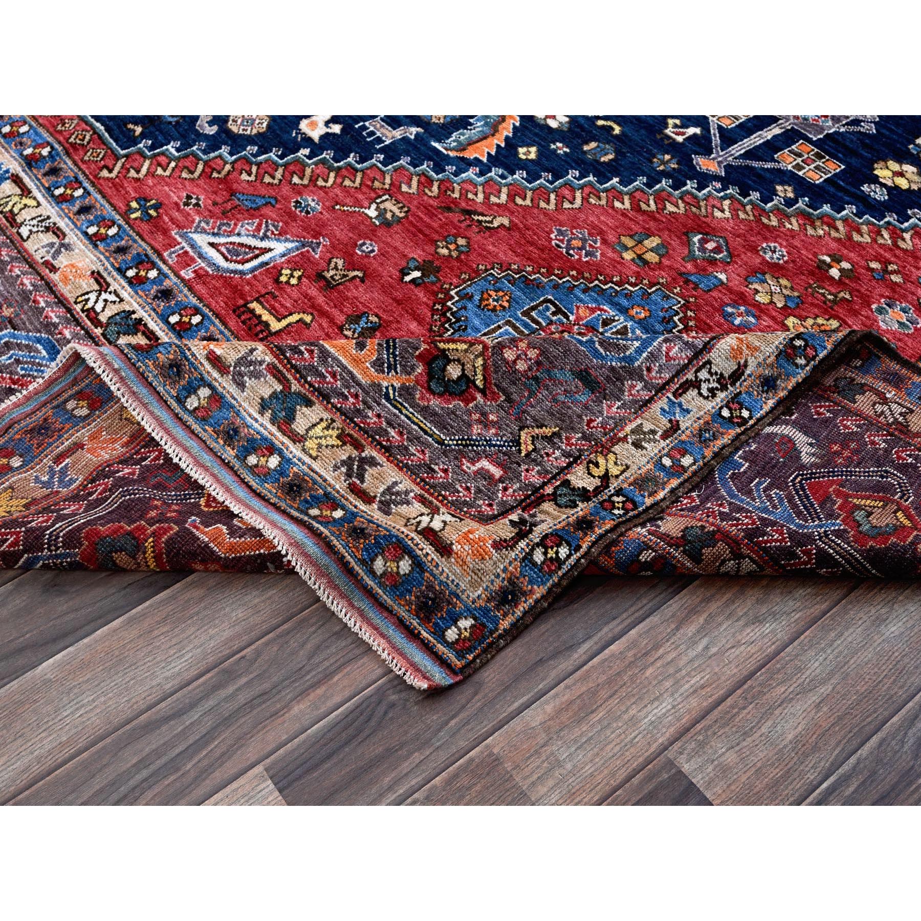9'3"x11' Yale Blue, Afghan Ersari with Turkish Knot, Caucasian Design Revival, Small Animal Figurines, Vegetable Dyes, Hand Knotted, Soft and Shiny Wool, Oriental Rug Sh569