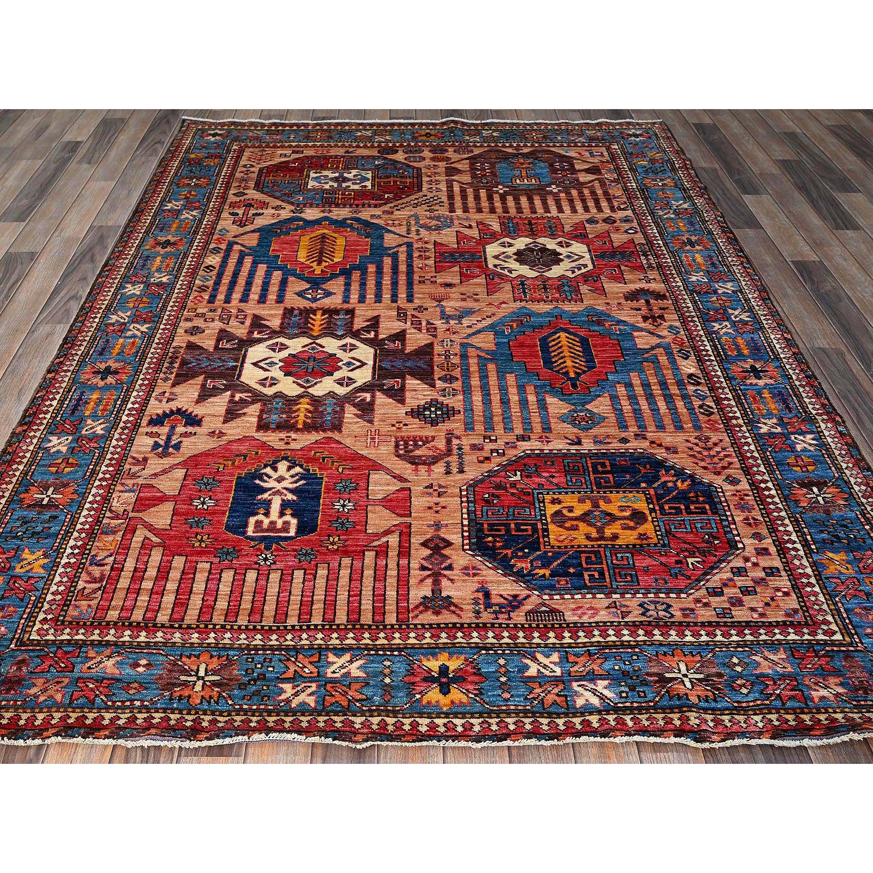5'10"x7'8" Cantaloupe Orange, Afghan Ersari with Turkish Knot, Caucasian Design Revival, Ancient Bird Figurines, Vegetable Dyes, Hand Knotted, 100% Wool, Oriental Rug Sh570