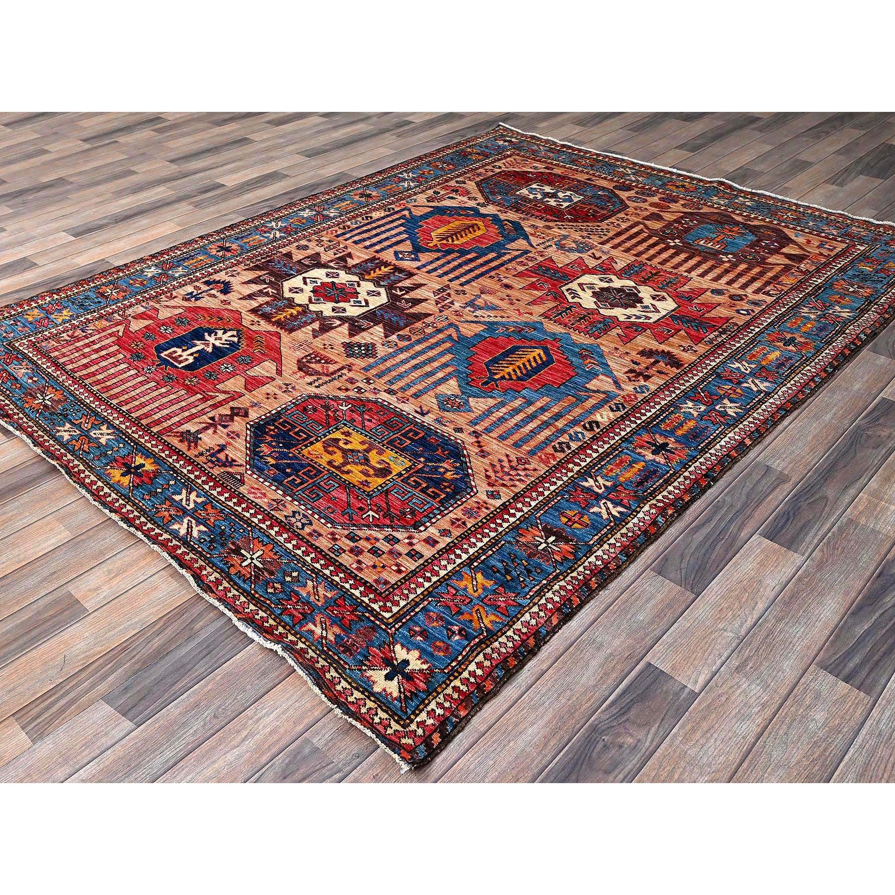 5'10"x7'8" Cantaloupe Orange, Afghan Ersari with Turkish Knot, Caucasian Design Revival, Ancient Bird Figurines, Vegetable Dyes, Hand Knotted, 100% Wool, Oriental Rug Sh570