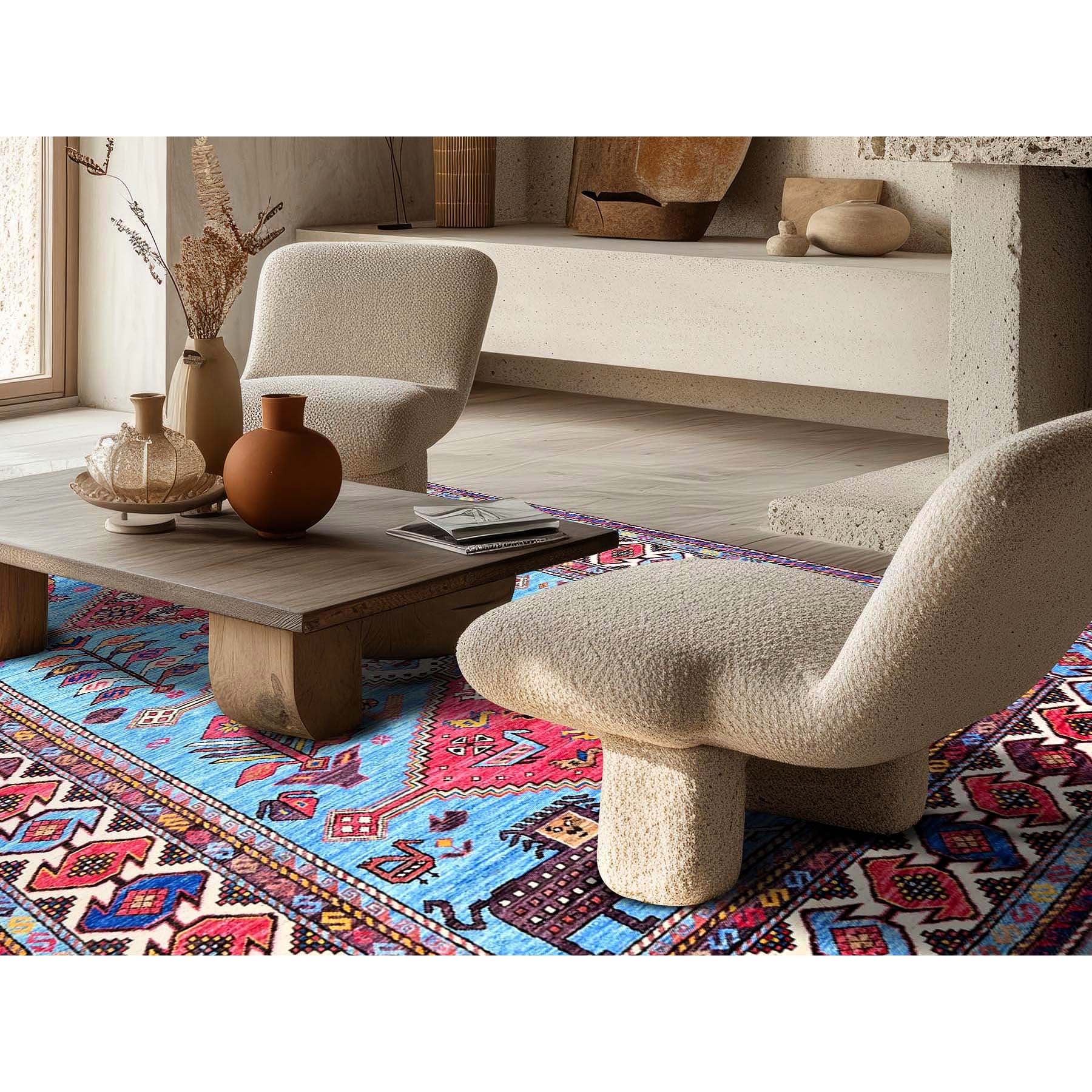 6'x8'1" Maya Blue, Afghan Ersari with Turkish Knot, Caucasian Design Revival, Birds and Lion Figurines, Vegetable Dyes, Hand Knotted, Soft Wool, Oriental Rug Sh571