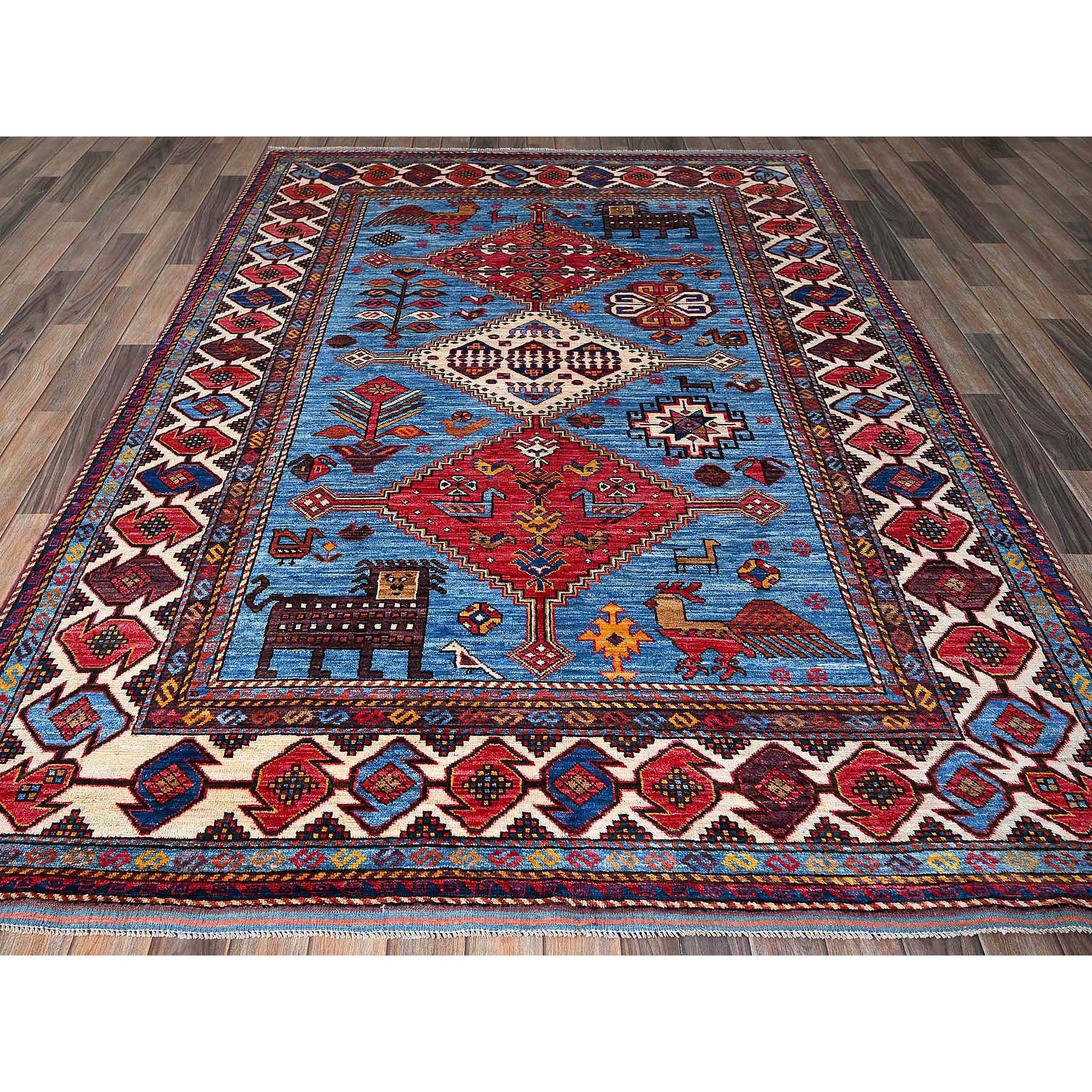 6'x8'1" Maya Blue, Afghan Ersari with Turkish Knot, Caucasian Design Revival, Birds and Lion Figurines, Vegetable Dyes, Hand Knotted, Soft Wool, Oriental Rug Sh571