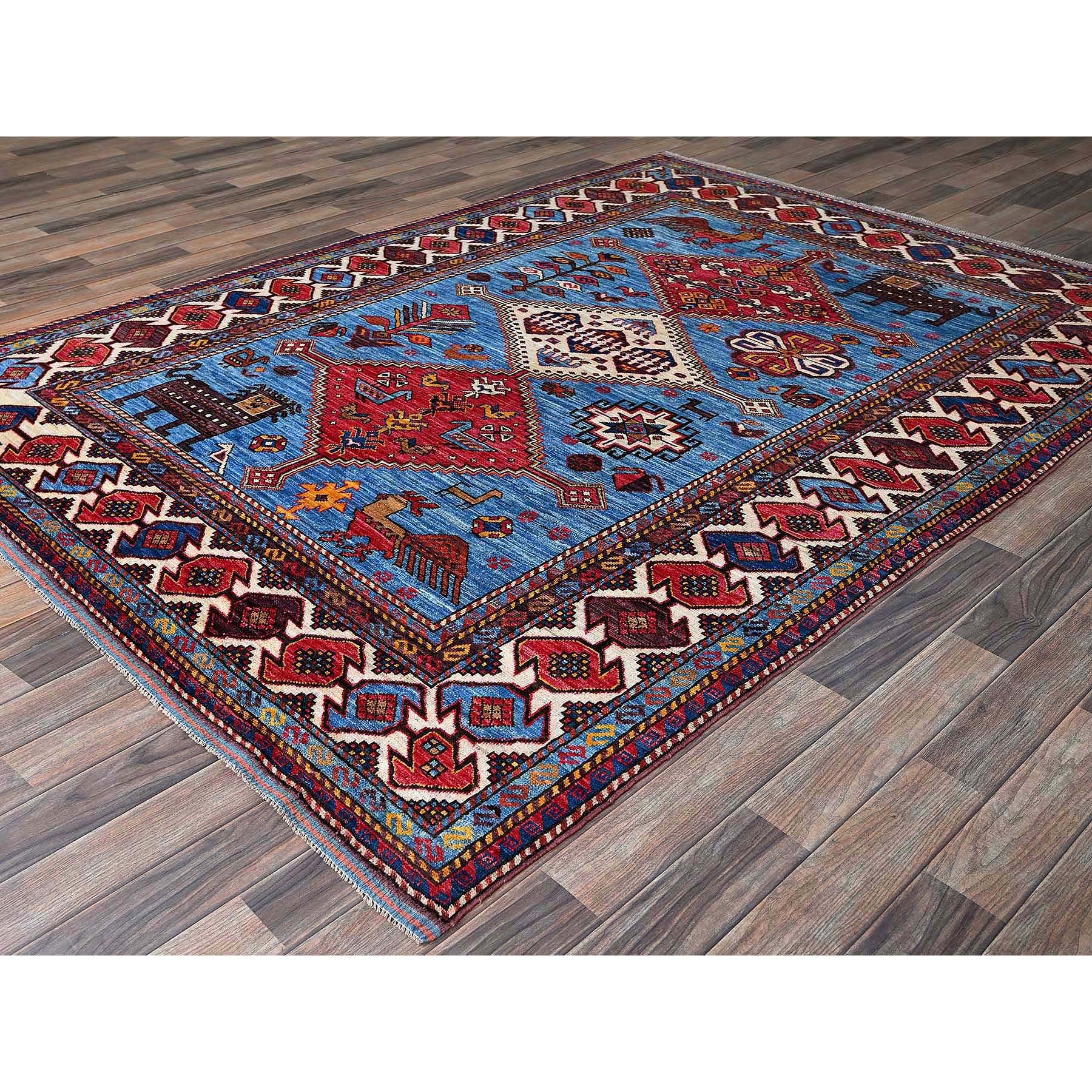 6'x8'1" Maya Blue, Afghan Ersari with Turkish Knot, Caucasian Design Revival, Birds and Lion Figurines, Vegetable Dyes, Hand Knotted, Soft Wool, Oriental Rug Sh571