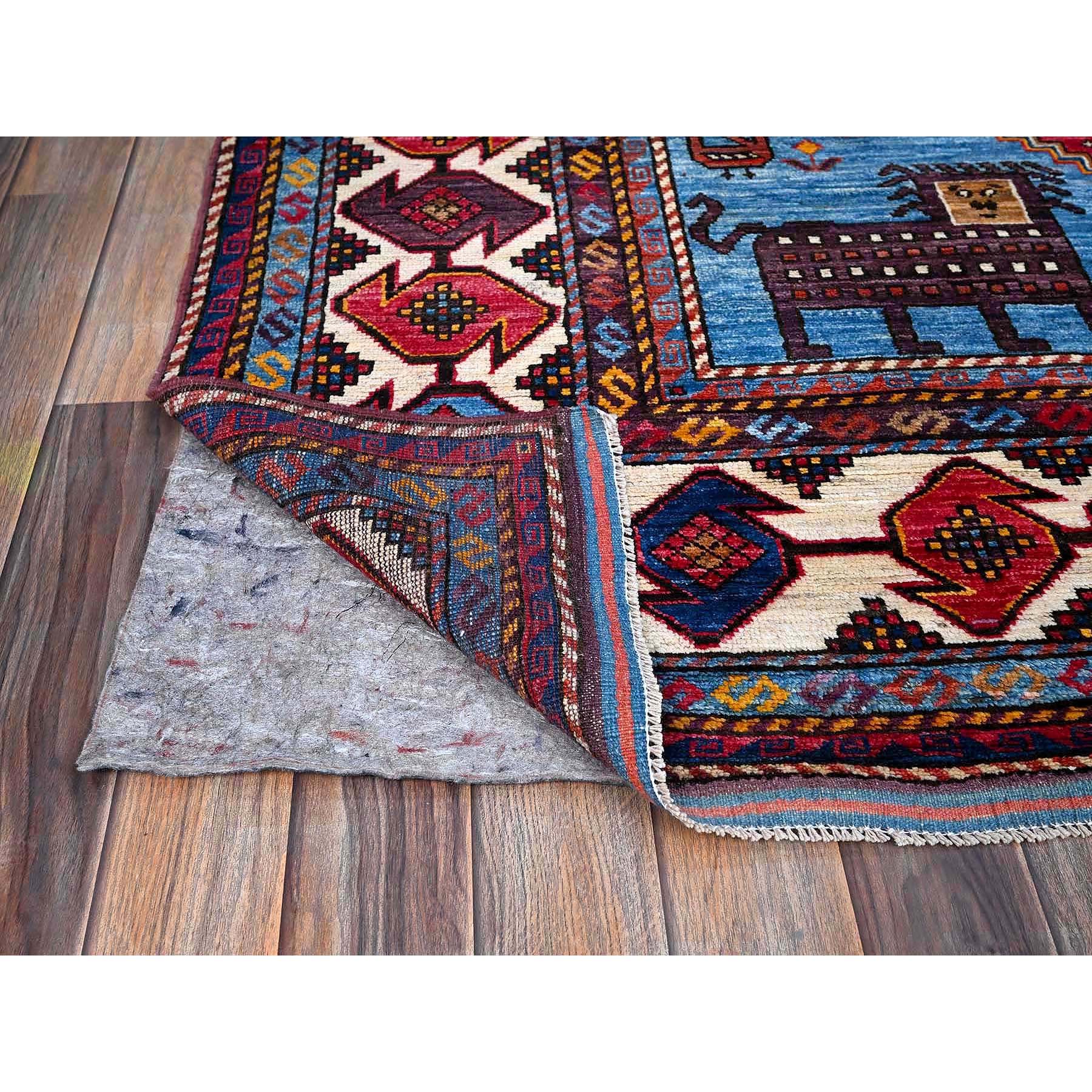 6'x8'1" Maya Blue, Afghan Ersari with Turkish Knot, Caucasian Design Revival, Birds and Lion Figurines, Vegetable Dyes, Hand Knotted, Soft Wool, Oriental Rug Sh571