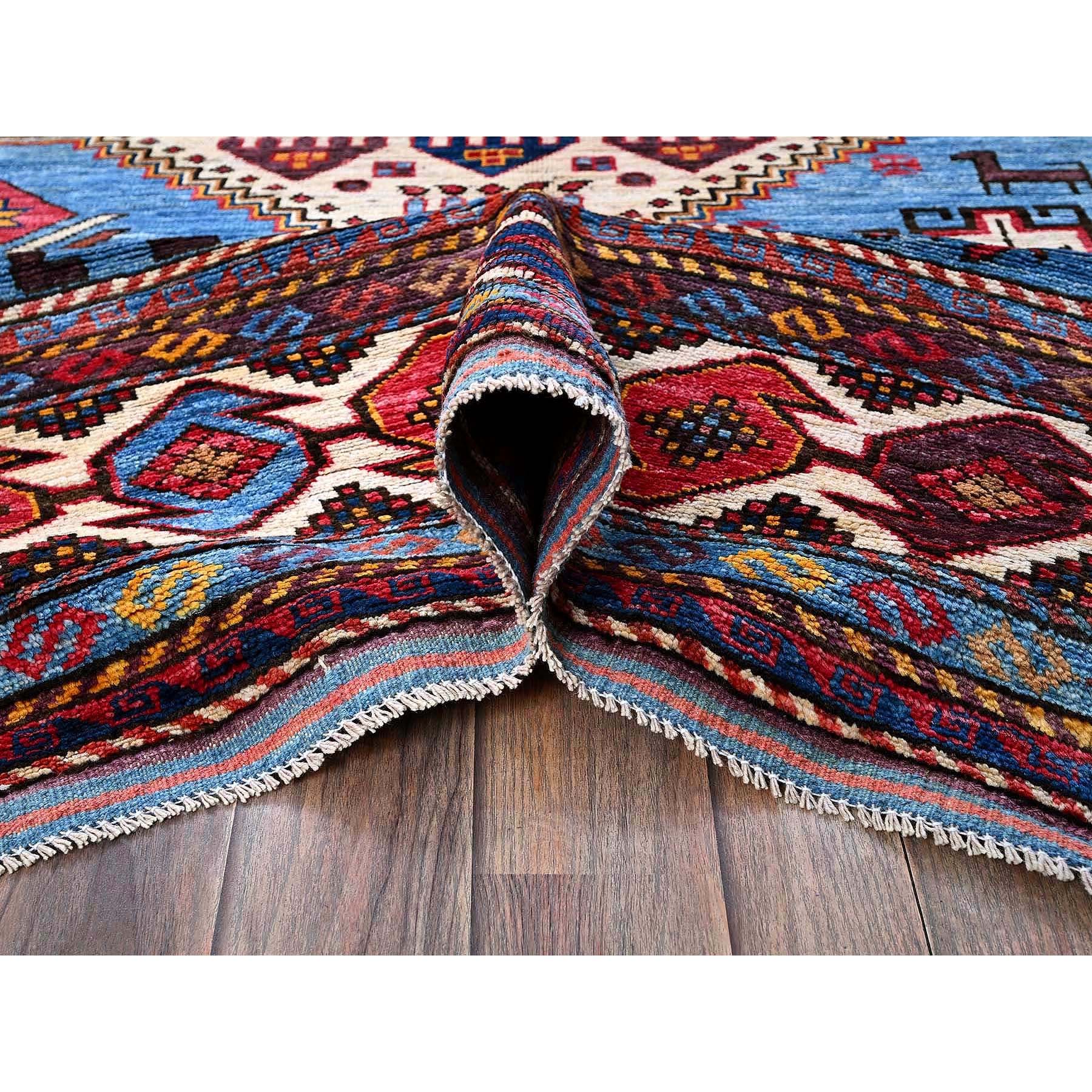 6'x8'1" Maya Blue, Afghan Ersari with Turkish Knot, Caucasian Design Revival, Birds and Lion Figurines, Vegetable Dyes, Hand Knotted, Soft Wool, Oriental Rug Sh571