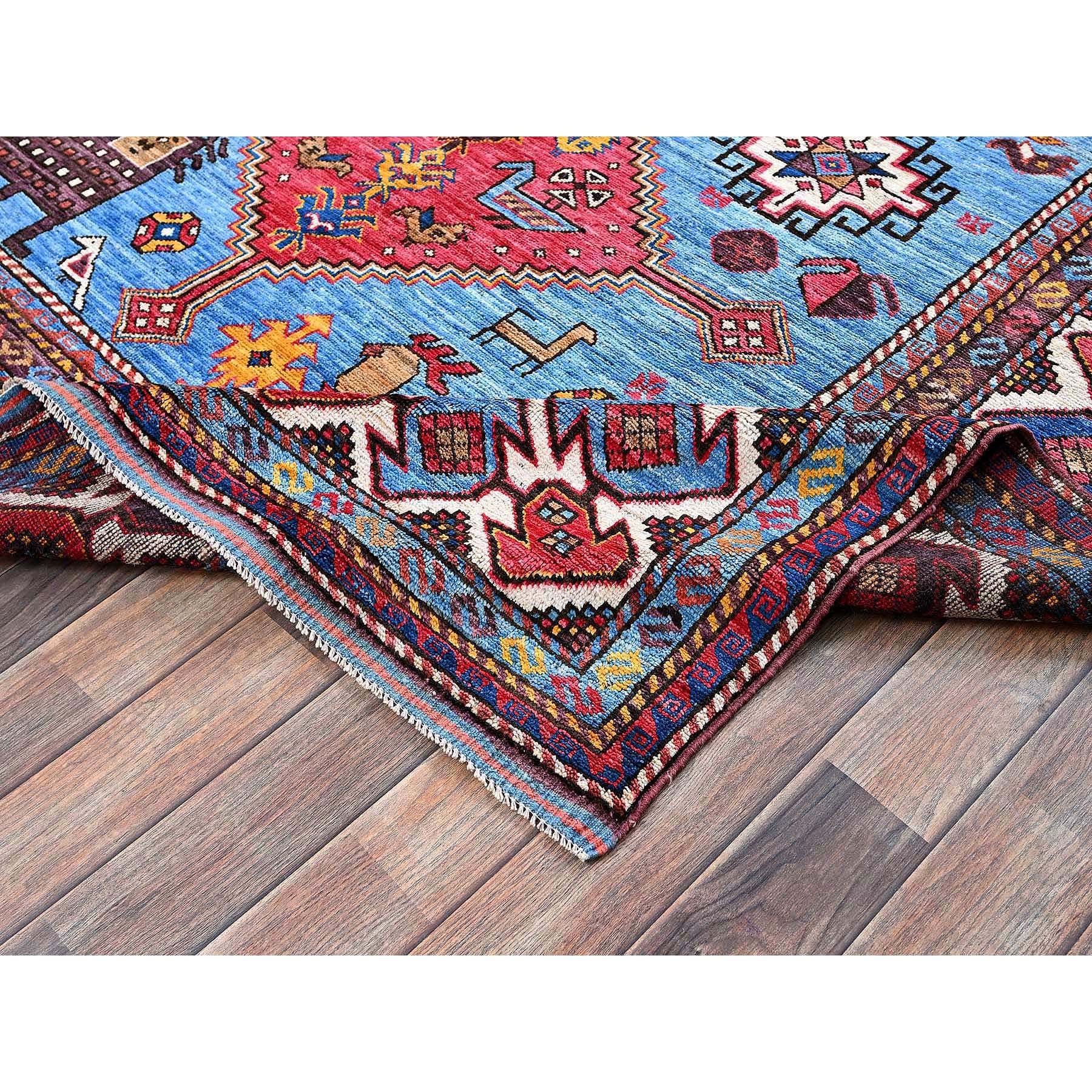 6'x8'1" Maya Blue, Afghan Ersari with Turkish Knot, Caucasian Design Revival, Birds and Lion Figurines, Vegetable Dyes, Hand Knotted, Soft Wool, Oriental Rug Sh571