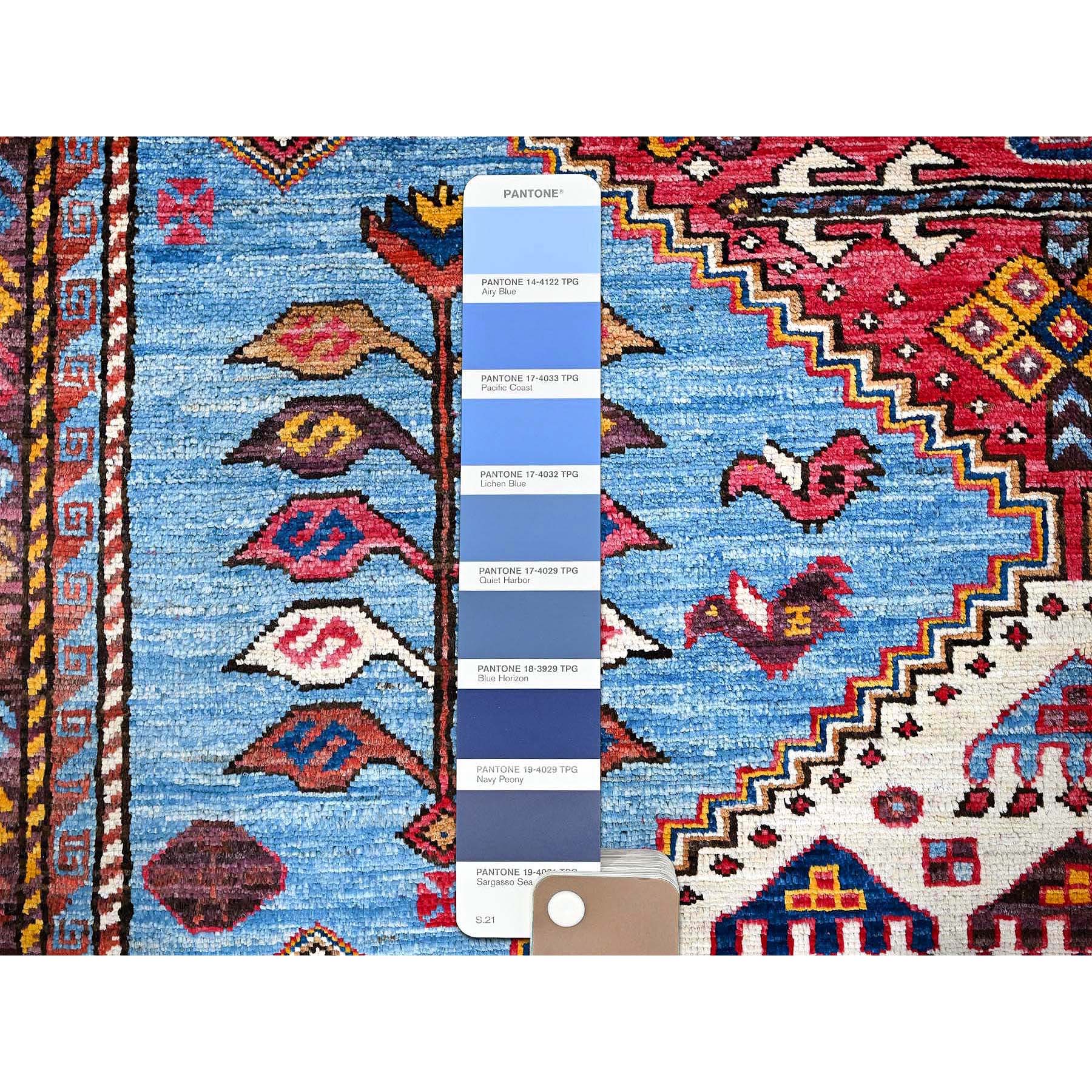 6'x8'1" Maya Blue, Afghan Ersari with Turkish Knot, Caucasian Design Revival, Birds and Lion Figurines, Vegetable Dyes, Hand Knotted, Soft Wool, Oriental Rug Sh571