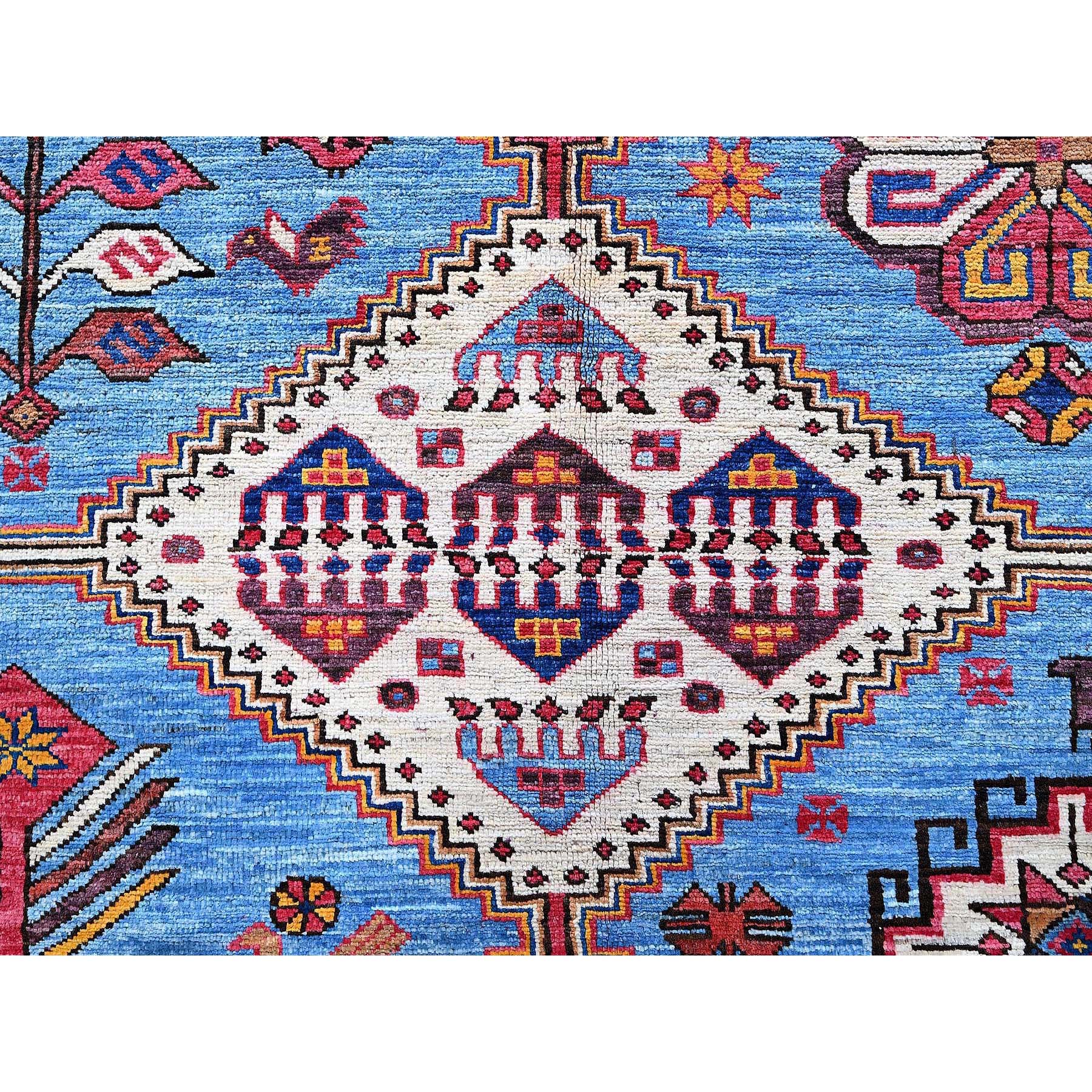 6'x8'1" Maya Blue, Afghan Ersari with Turkish Knot, Caucasian Design Revival, Birds and Lion Figurines, Vegetable Dyes, Hand Knotted, Soft Wool, Oriental Rug Sh571