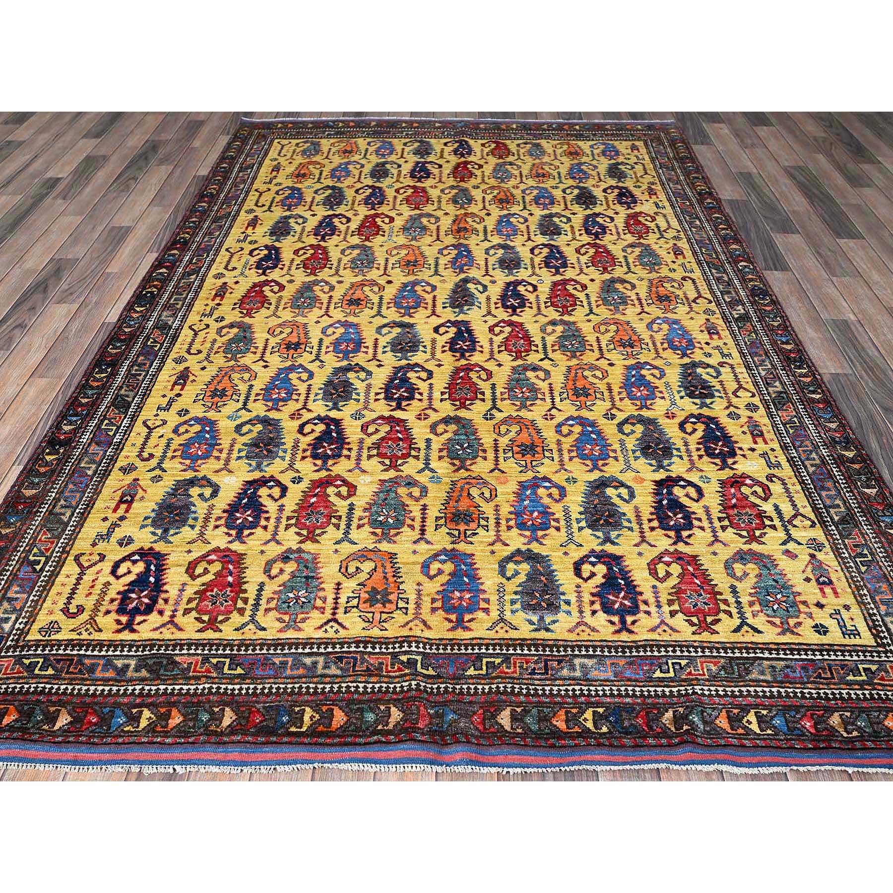 6'1"x8'10" Macaroon Yellow, Afghan Ersari with Turkish Knot, Caucasian Design Revival, Small Human Figurines, Vegetable Dyes, Hand Knotted, Soft Wool, Oriental Rug Sh574