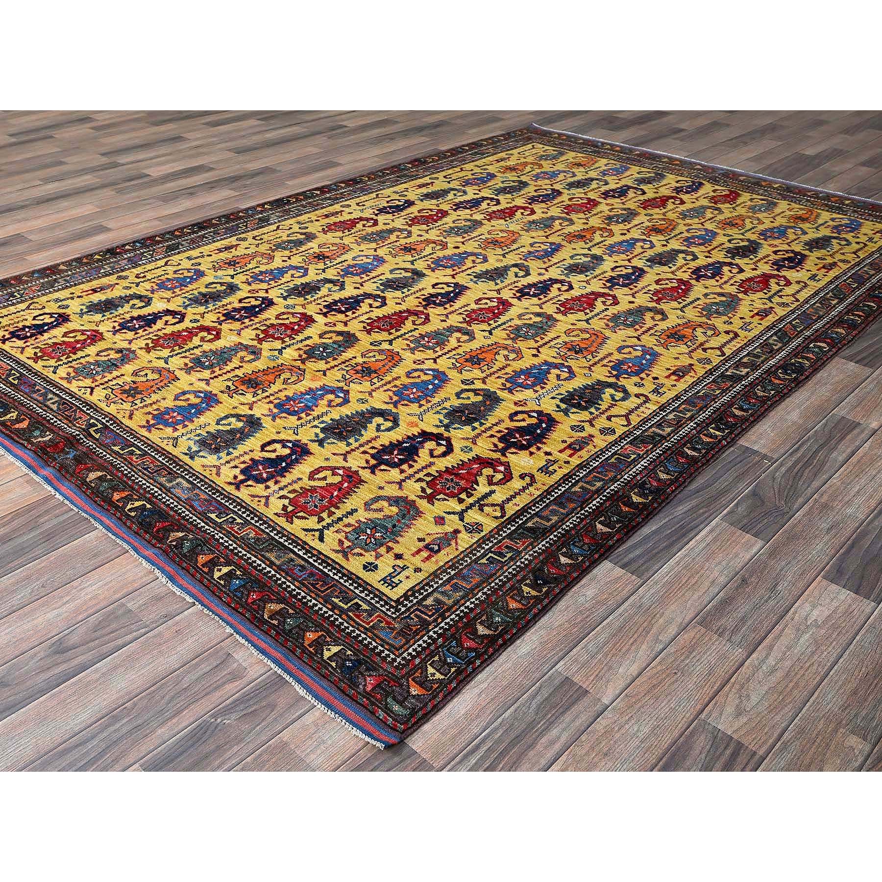6'1"x8'10" Macaroon Yellow, Afghan Ersari with Turkish Knot, Caucasian Design Revival, Small Human Figurines, Vegetable Dyes, Hand Knotted, Soft Wool, Oriental Rug Sh574