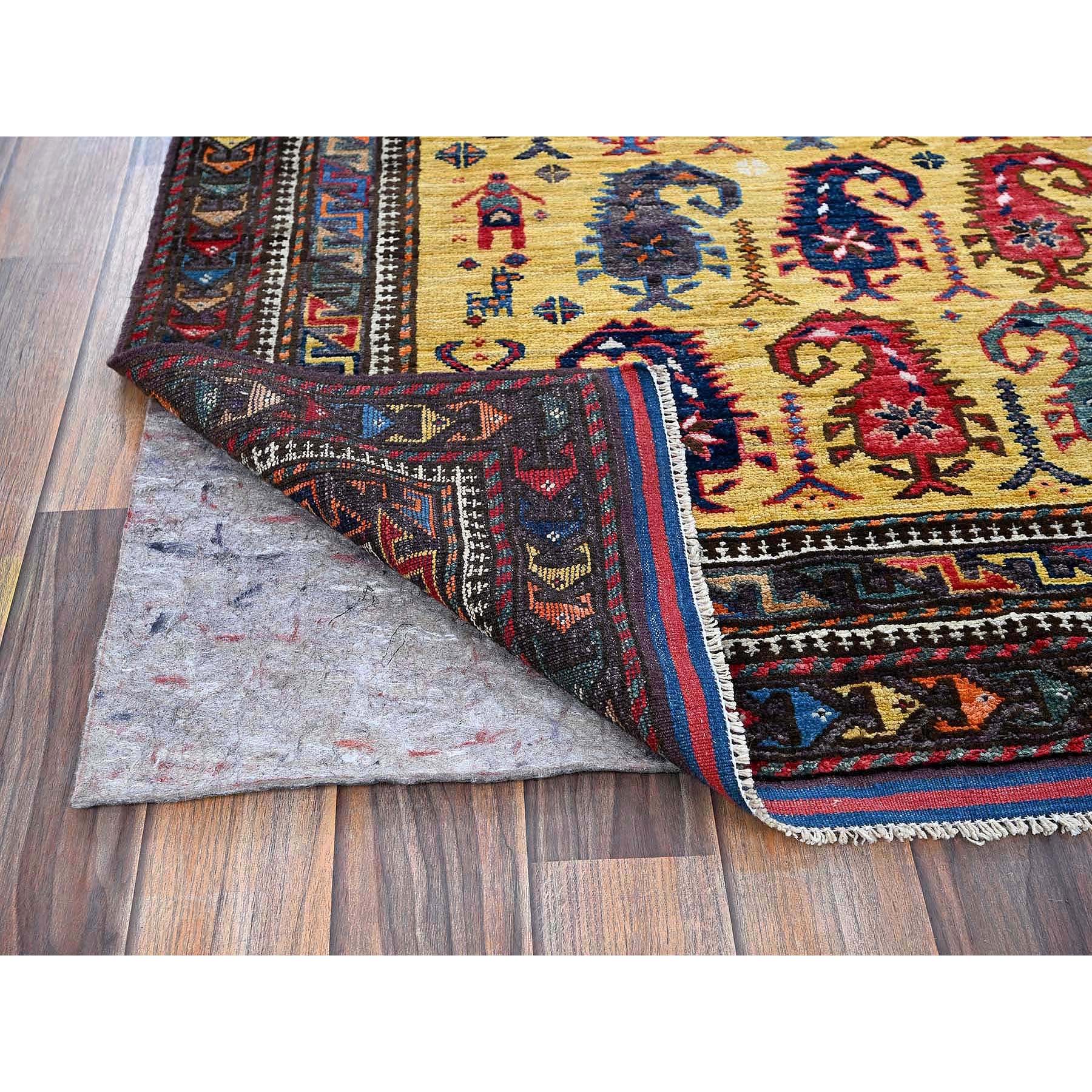 6'1"x8'10" Macaroon Yellow, Afghan Ersari with Turkish Knot, Caucasian Design Revival, Small Human Figurines, Vegetable Dyes, Hand Knotted, Soft Wool, Oriental Rug Sh574