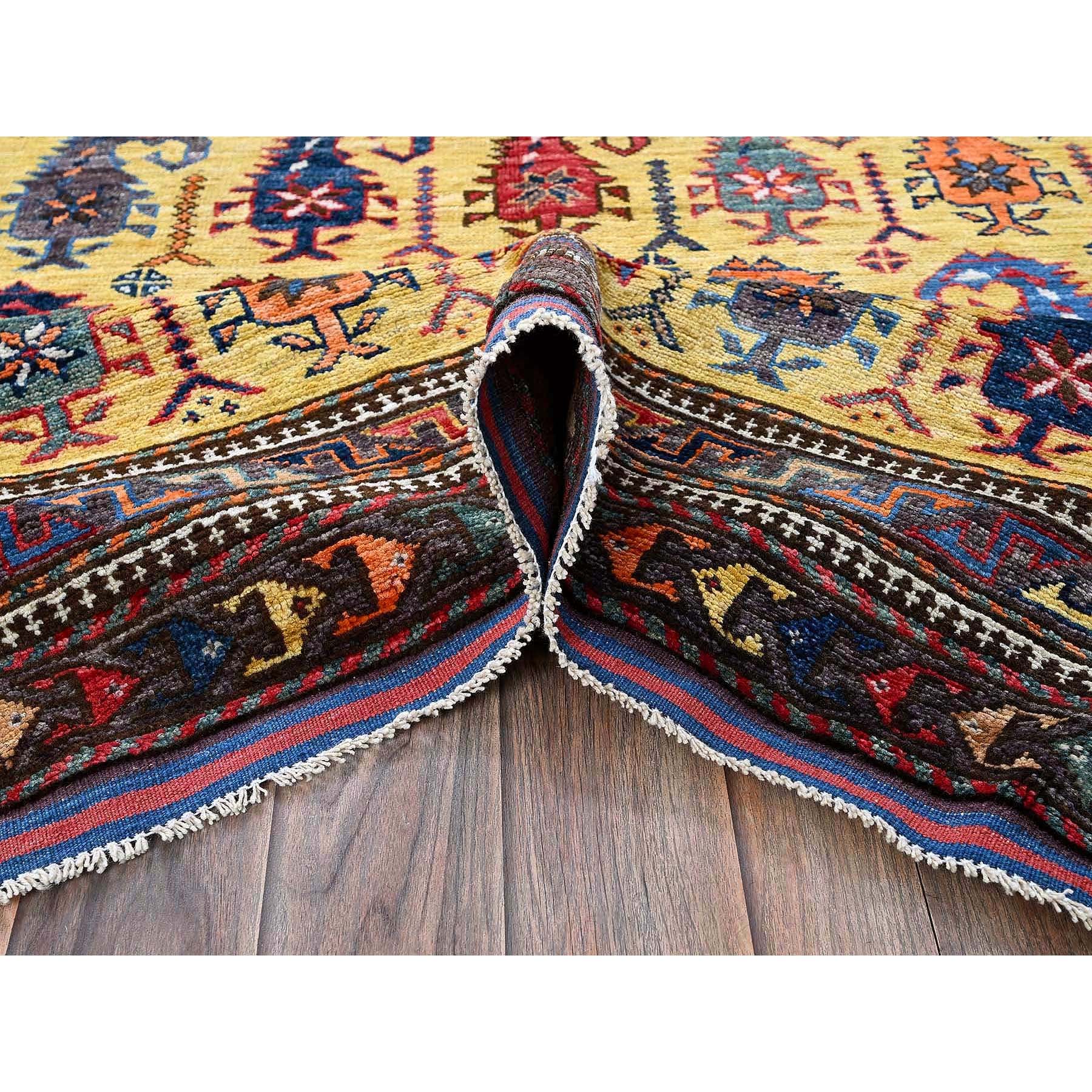 6'1"x8'10" Macaroon Yellow, Afghan Ersari with Turkish Knot, Caucasian Design Revival, Small Human Figurines, Vegetable Dyes, Hand Knotted, Soft Wool, Oriental Rug Sh574