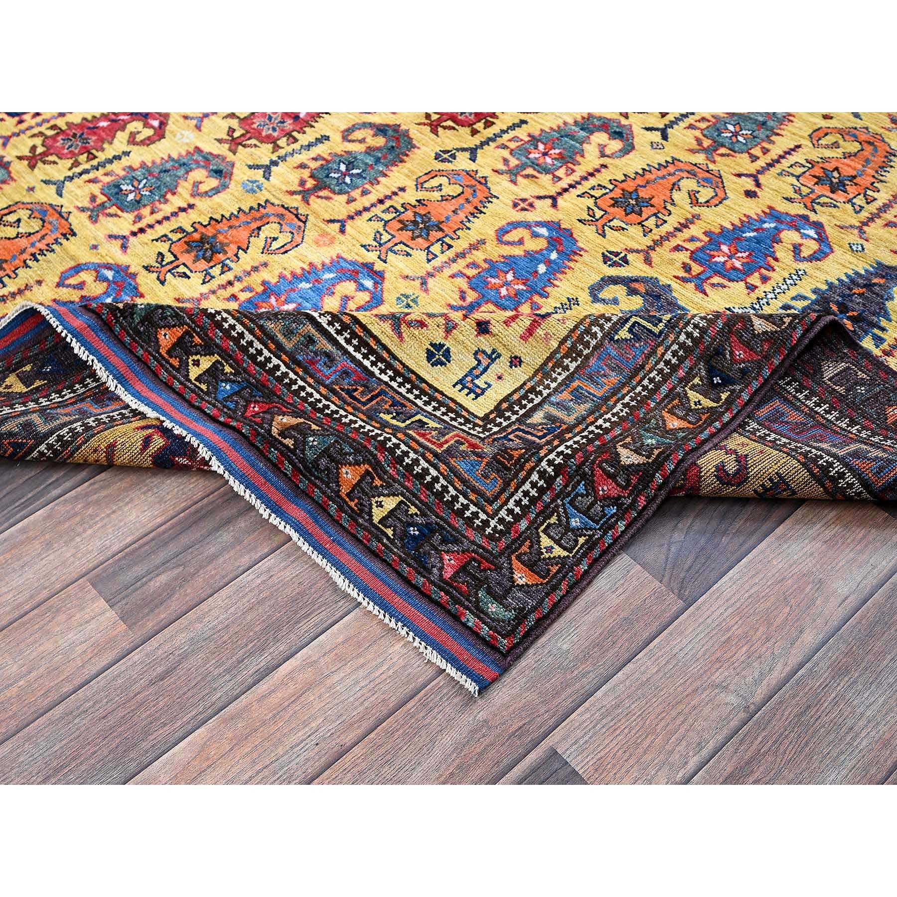 6'1"x8'10" Macaroon Yellow, Afghan Ersari with Turkish Knot, Caucasian Design Revival, Small Human Figurines, Vegetable Dyes, Hand Knotted, Soft Wool, Oriental Rug Sh574