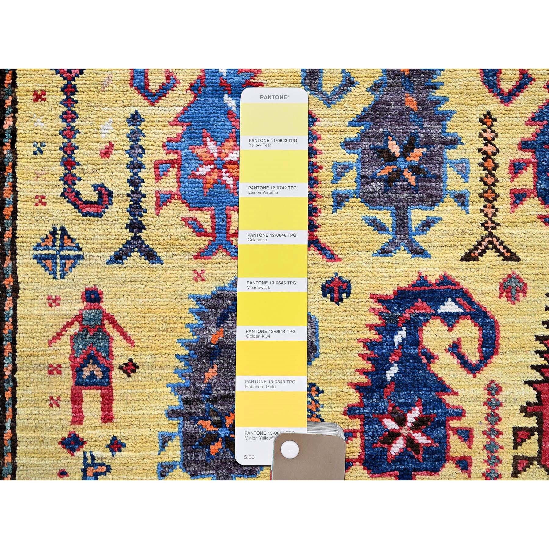 6'1"x8'10" Macaroon Yellow, Afghan Ersari with Turkish Knot, Caucasian Design Revival, Small Human Figurines, Vegetable Dyes, Hand Knotted, Soft Wool, Oriental Rug Sh574