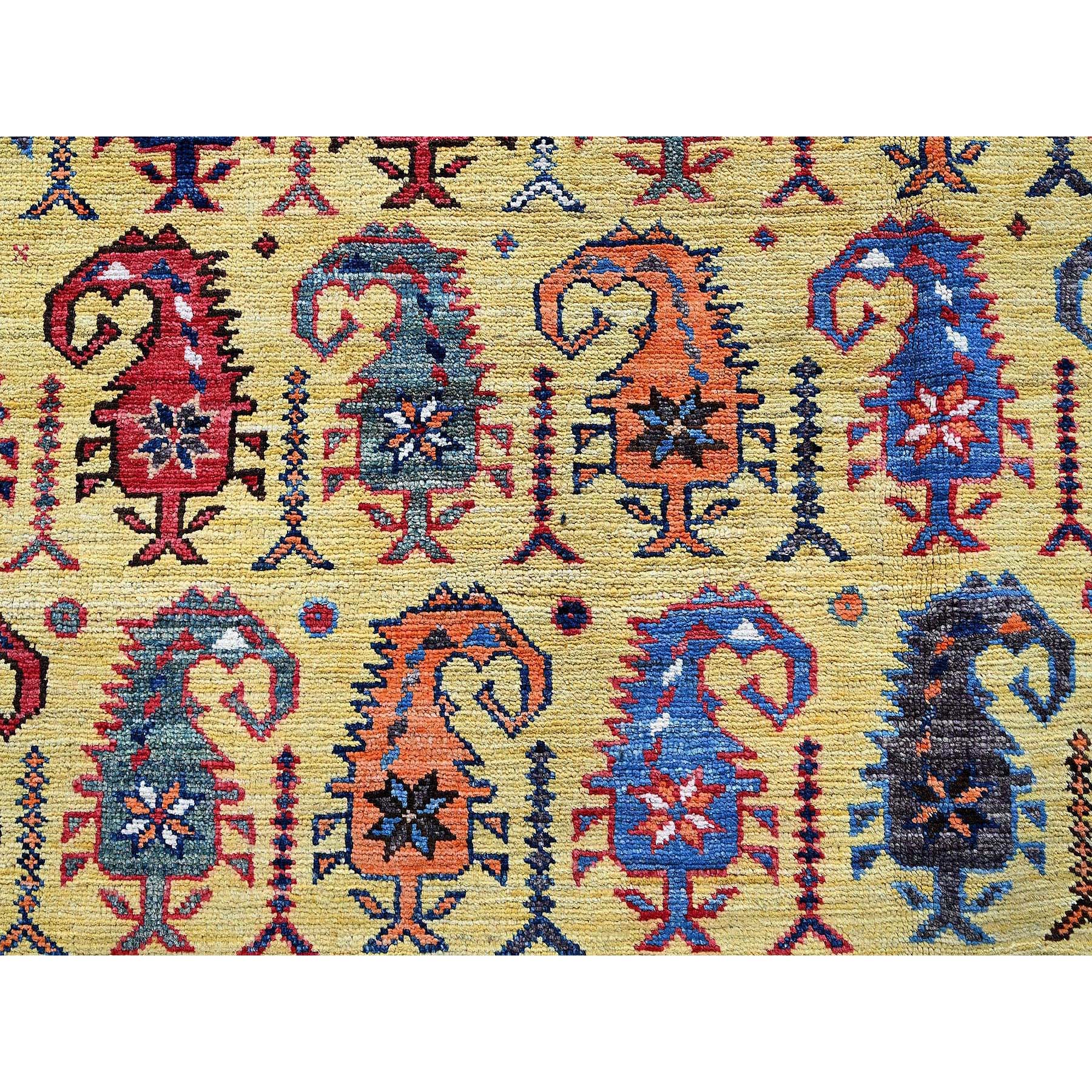 6'1"x8'10" Macaroon Yellow, Afghan Ersari with Turkish Knot, Caucasian Design Revival, Small Human Figurines, Vegetable Dyes, Hand Knotted, Soft Wool, Oriental Rug Sh574