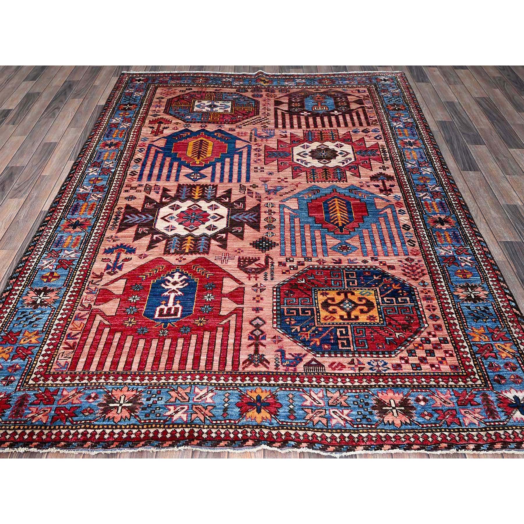 6'x8'2" Rose Pink, Afghan Ersari with Turkish Knot, Caucasian Design Revival, Ancient Bird Figurines, Vegetable Dyes, Soft and Velvety Wool, Hand Knotted, Oriental Rug Sh575