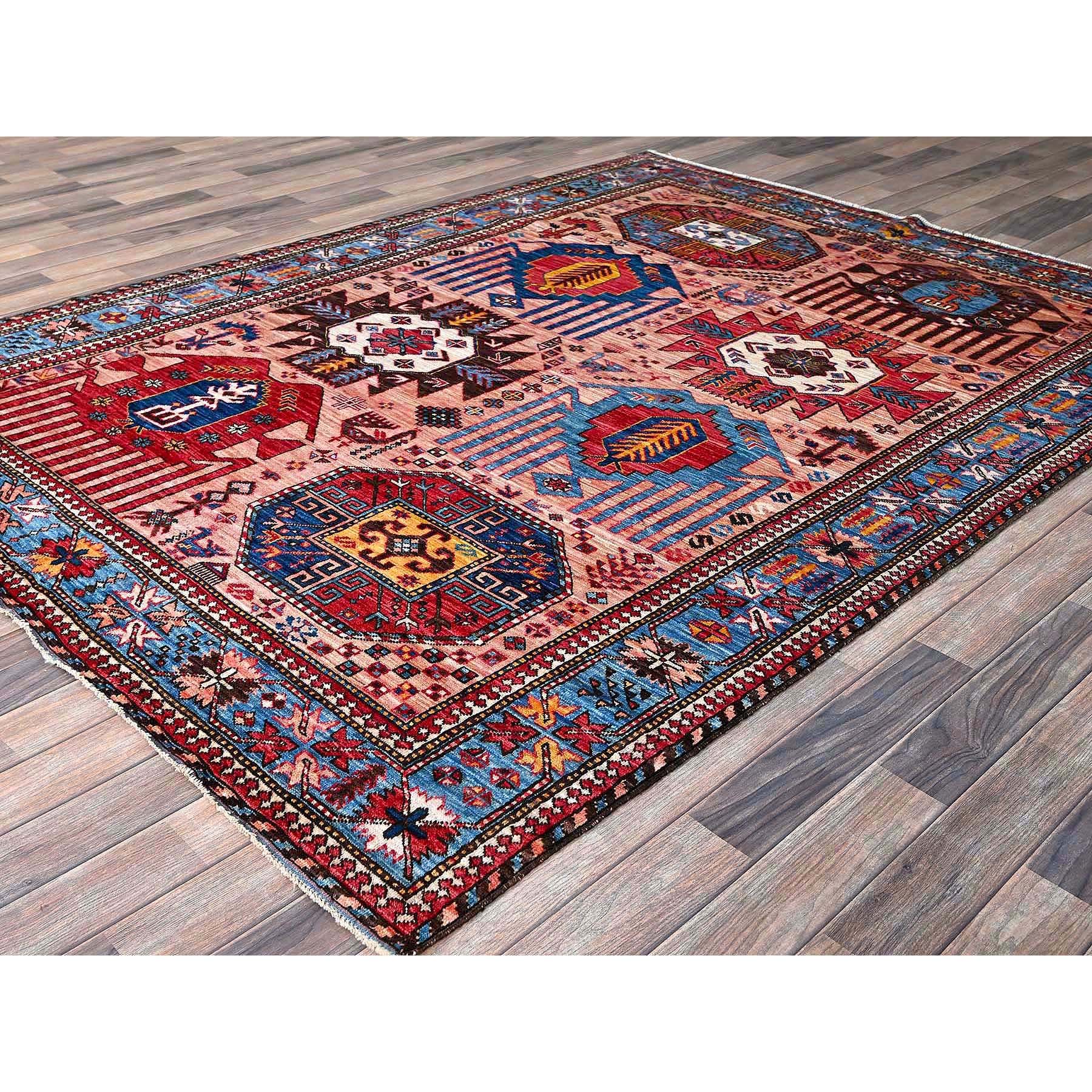 6'x8'2" Rose Pink, Afghan Ersari with Turkish Knot, Caucasian Design Revival, Ancient Bird Figurines, Vegetable Dyes, Soft and Velvety Wool, Hand Knotted, Oriental Rug Sh575