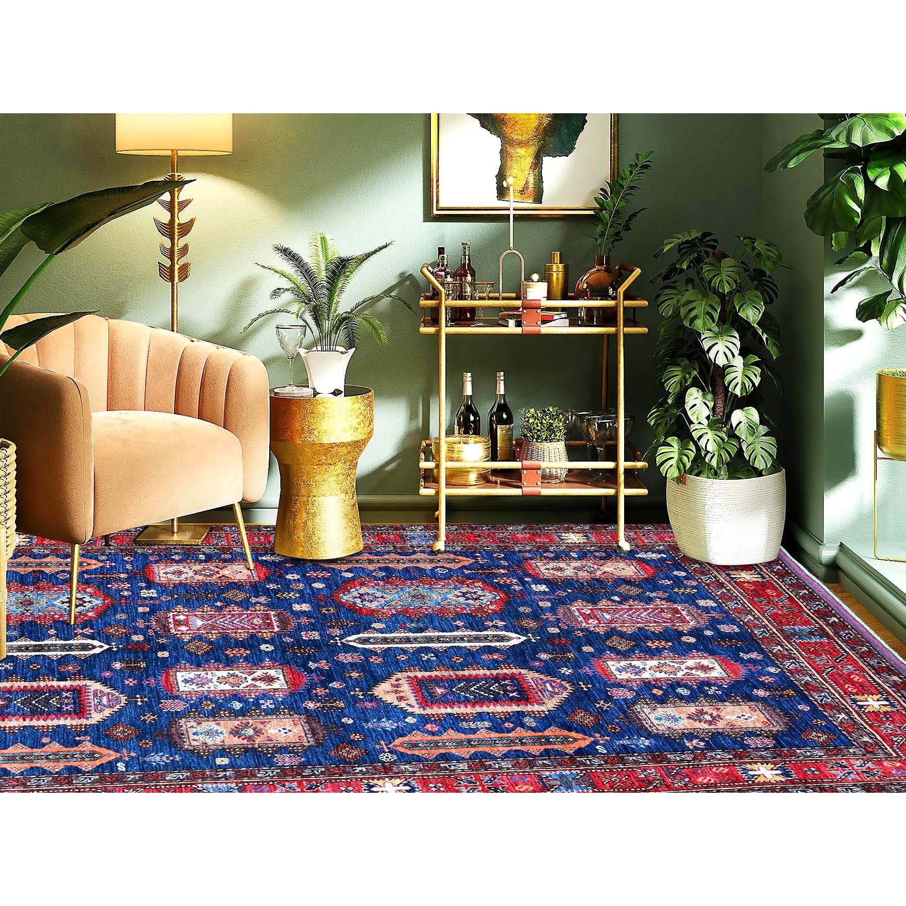 6'1"x8'5" Opal Blue, Afghan Ersari with Turkish Knot, Caucasian Design Revival, Hand Knotted, Vegetable Dyes, Soft and Velvety Wool, Densely Woven, Oriental Rug Sh576