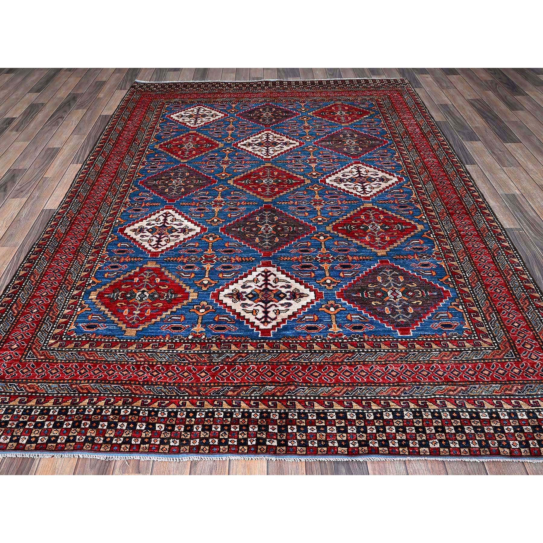6'1"x8'6" Bayern Blue, Afghan Ersari with Turkish Knot, Caucasian Design Revival, Densely Woven, Vegetable Dyes, Hand Knotted, Soft and Shiny Wool, Oriental Rug Sh577