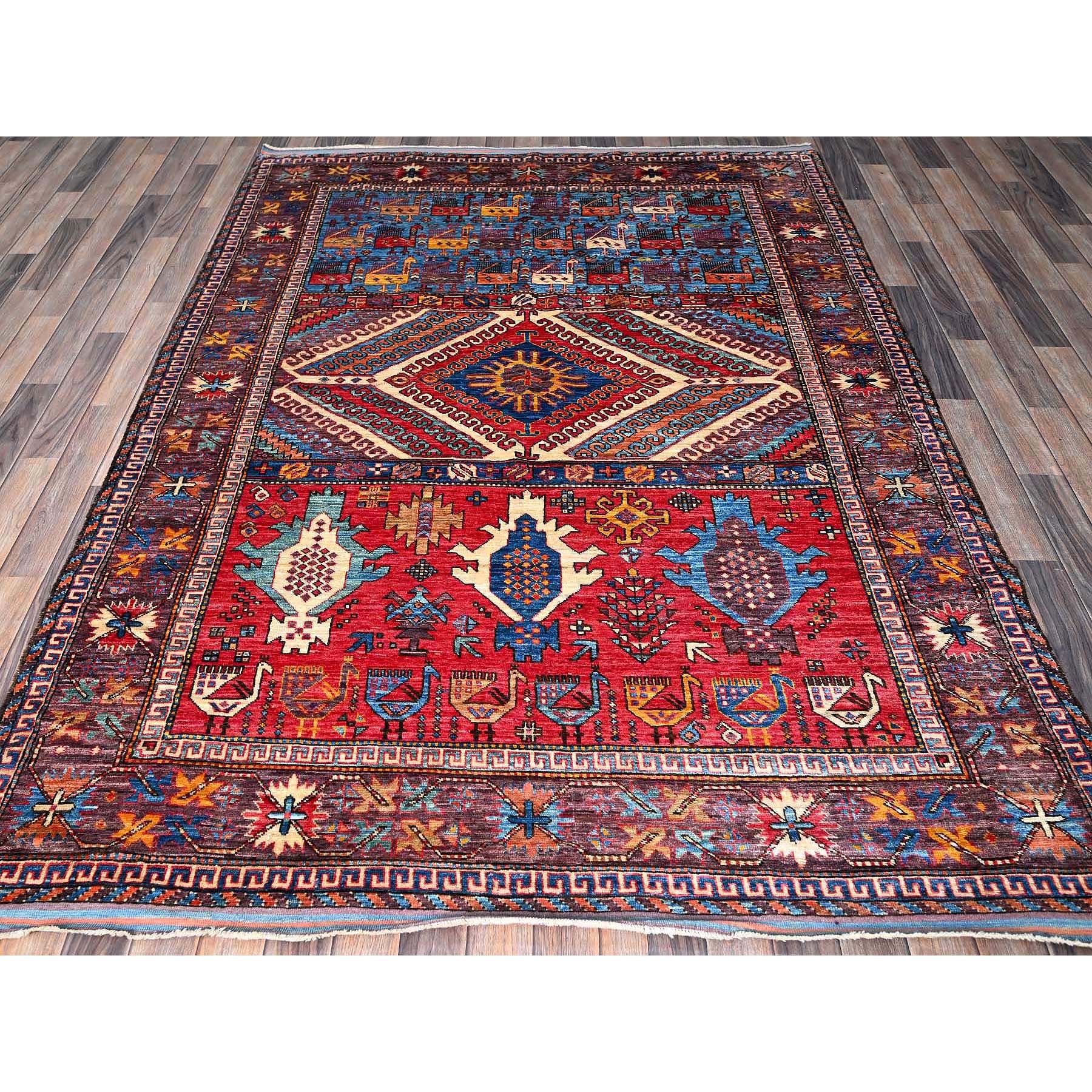 6'2"x8'3" Colorful, Afghan Ersari with Turkish Knot, Caucasian Design Revival, Ancient Bird Figurines, Vegetable Dyes, Densely Woven, Hand Knotted, Soft Wool, Oriental Rug Sh578