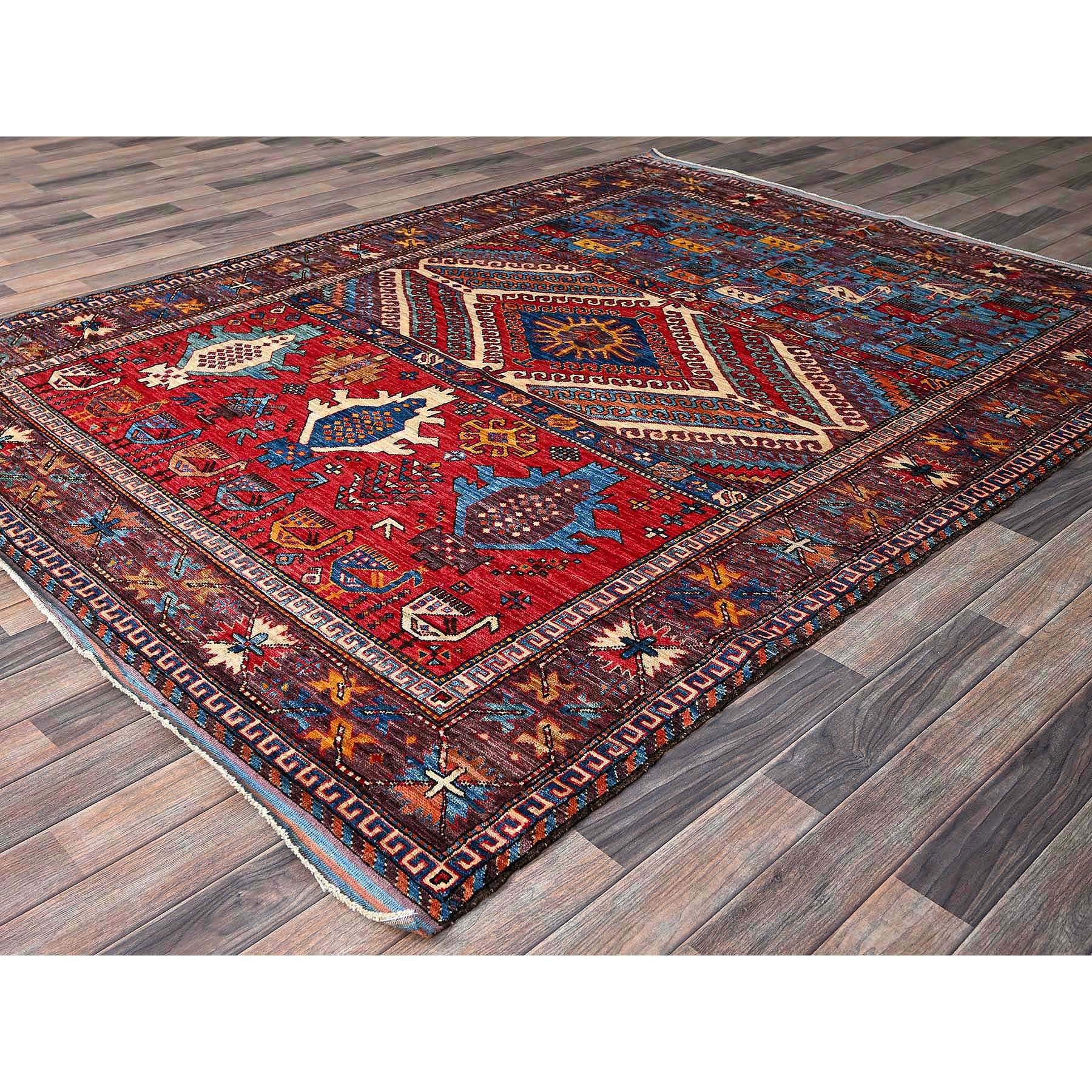 6'2"x8'3" Colorful, Afghan Ersari with Turkish Knot, Caucasian Design Revival, Ancient Bird Figurines, Vegetable Dyes, Densely Woven, Hand Knotted, Soft Wool, Oriental Rug Sh578