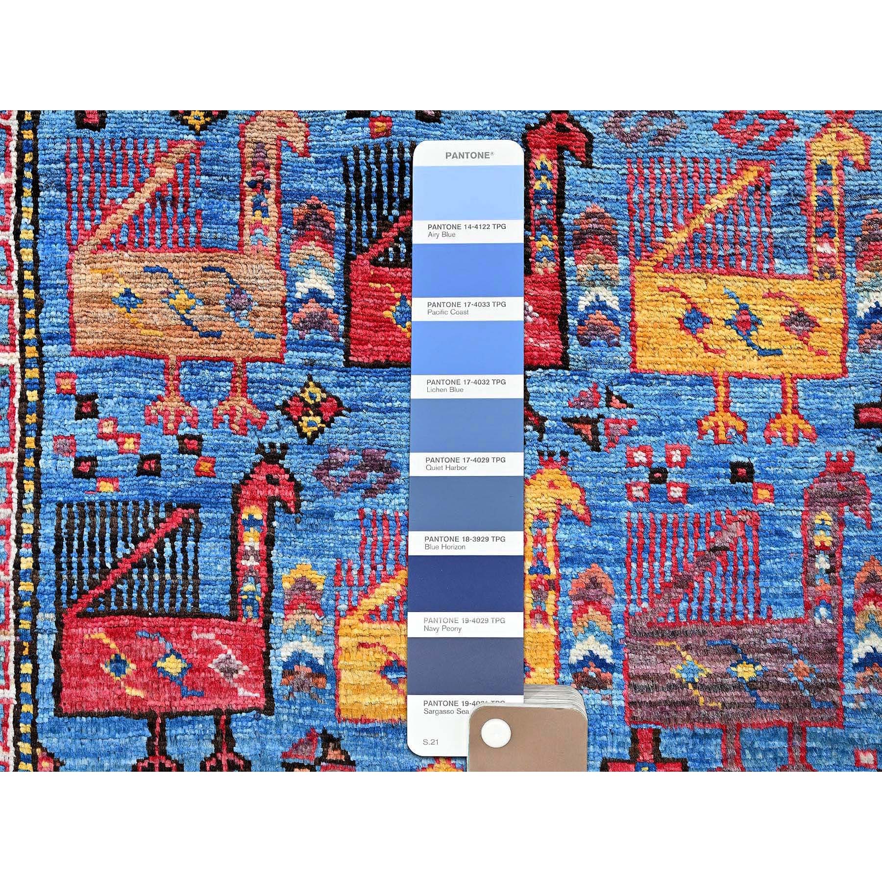 6'2"x8'3" Colorful, Afghan Ersari with Turkish Knot, Caucasian Design Revival, Ancient Bird Figurines, Vegetable Dyes, Densely Woven, Hand Knotted, Soft Wool, Oriental Rug Sh578