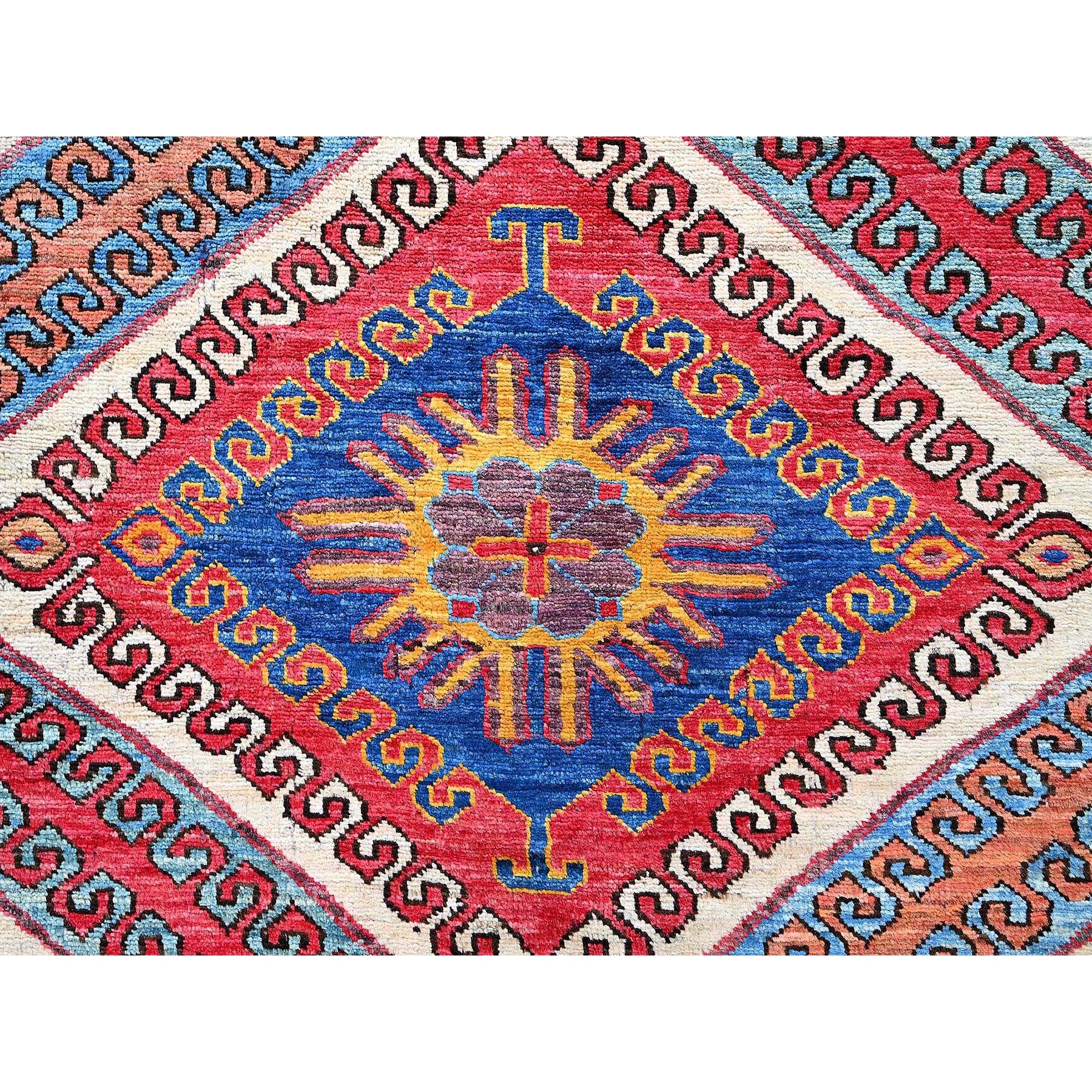 6'2"x8'3" Colorful, Afghan Ersari with Turkish Knot, Caucasian Design Revival, Ancient Bird Figurines, Vegetable Dyes, Densely Woven, Hand Knotted, Soft Wool, Oriental Rug Sh578