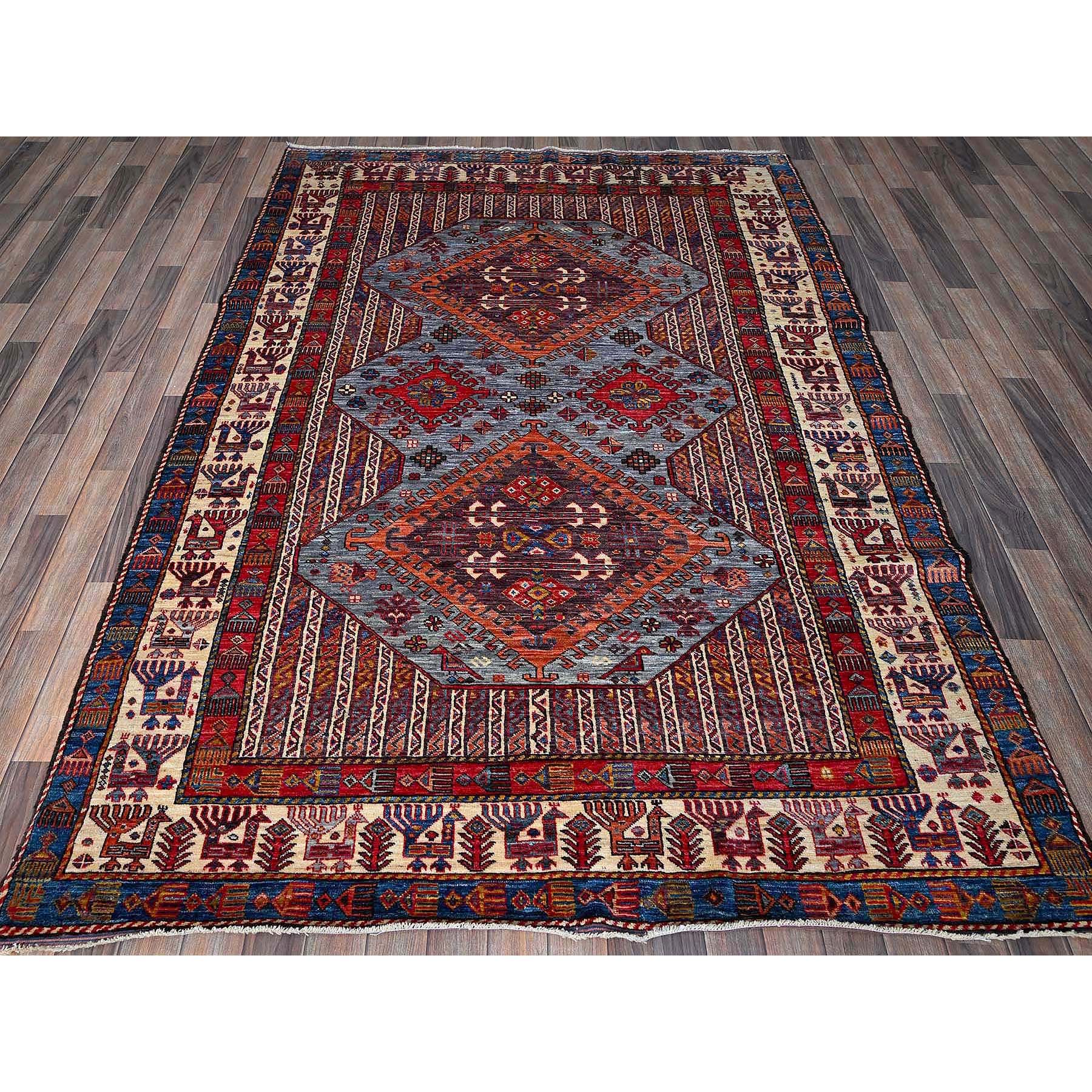 6'1"x8'4" Dusk Purple, Afghan Ersari with Turkish Knot, Caucasian Design Revival, Ancient Bird Figurines, Vegetable Dyes, Hand Knotted, Soft and Velvety Wool, Oriental Rug Sh580