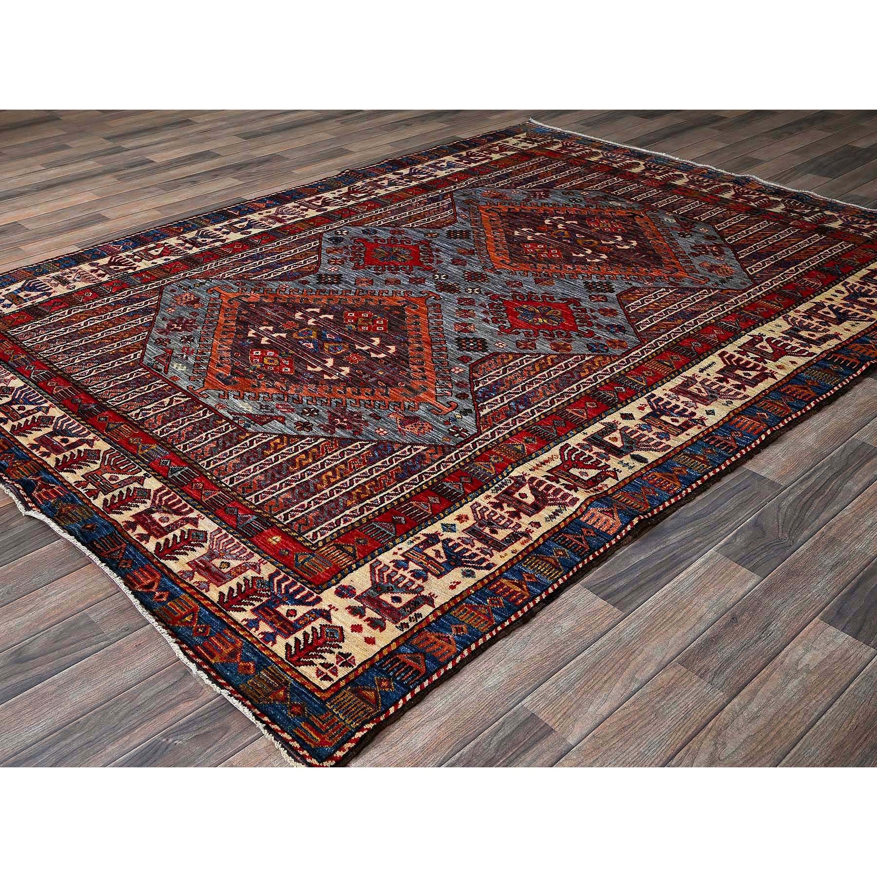 6'1"x8'4" Dusk Purple, Afghan Ersari with Turkish Knot, Caucasian Design Revival, Ancient Bird Figurines, Vegetable Dyes, Hand Knotted, Soft and Velvety Wool, Oriental Rug Sh580