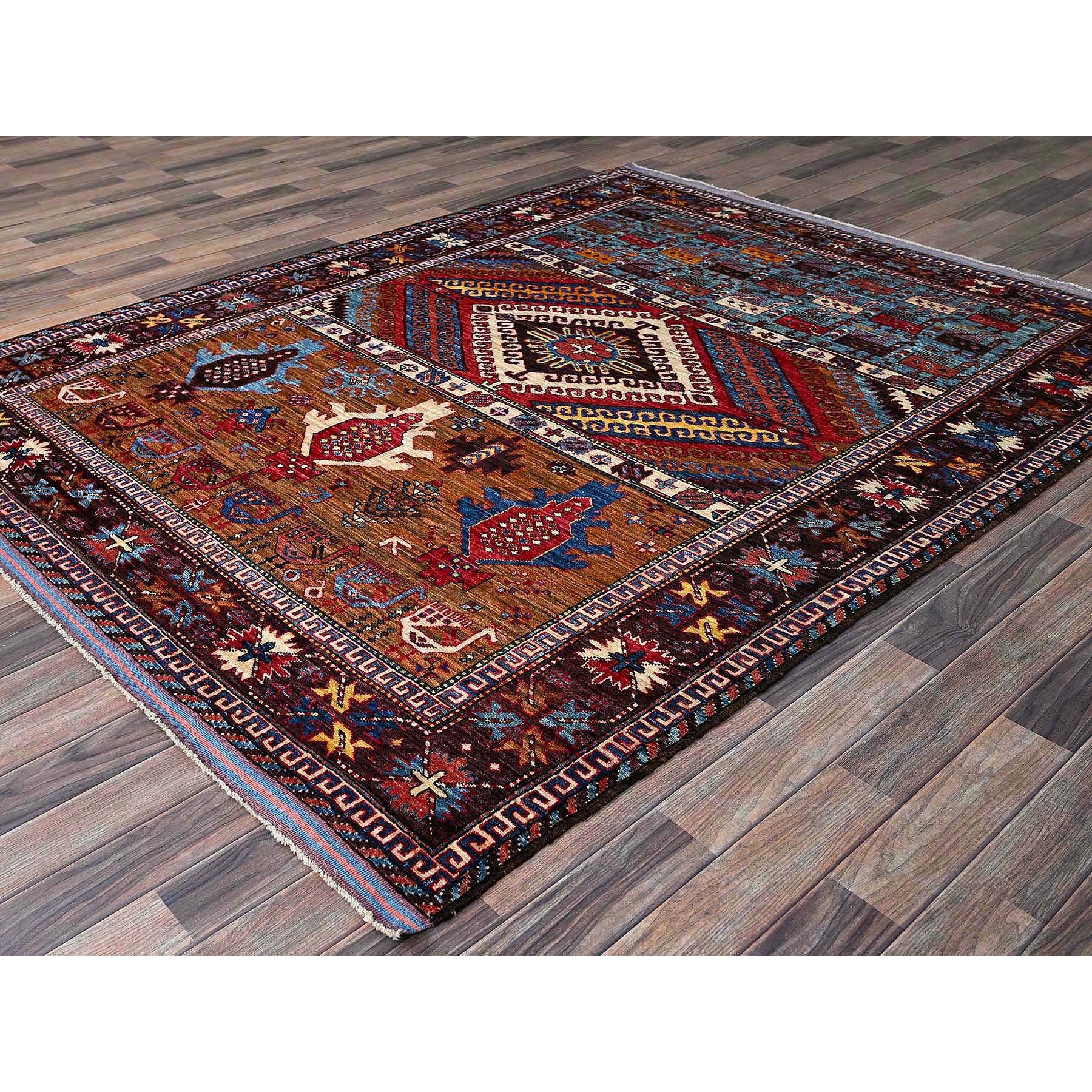 6'2"x7'7" Colorful, Afghan Ersari with Turkish Knot, Caucasian Design Revival, Ancient Bird Figurines, Hand Knotted, Soft Wool, Vegetable Dyes, Densely Woven, Oriental Rug Sh582