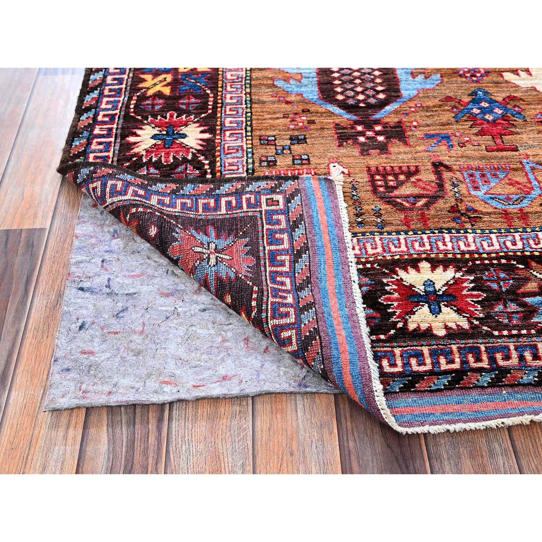 6'2"x7'7" Colorful, Afghan Ersari with Turkish Knot, Caucasian Design Revival, Ancient Bird Figurines, Hand Knotted, Soft Wool, Vegetable Dyes, Densely Woven, Oriental Rug Sh582