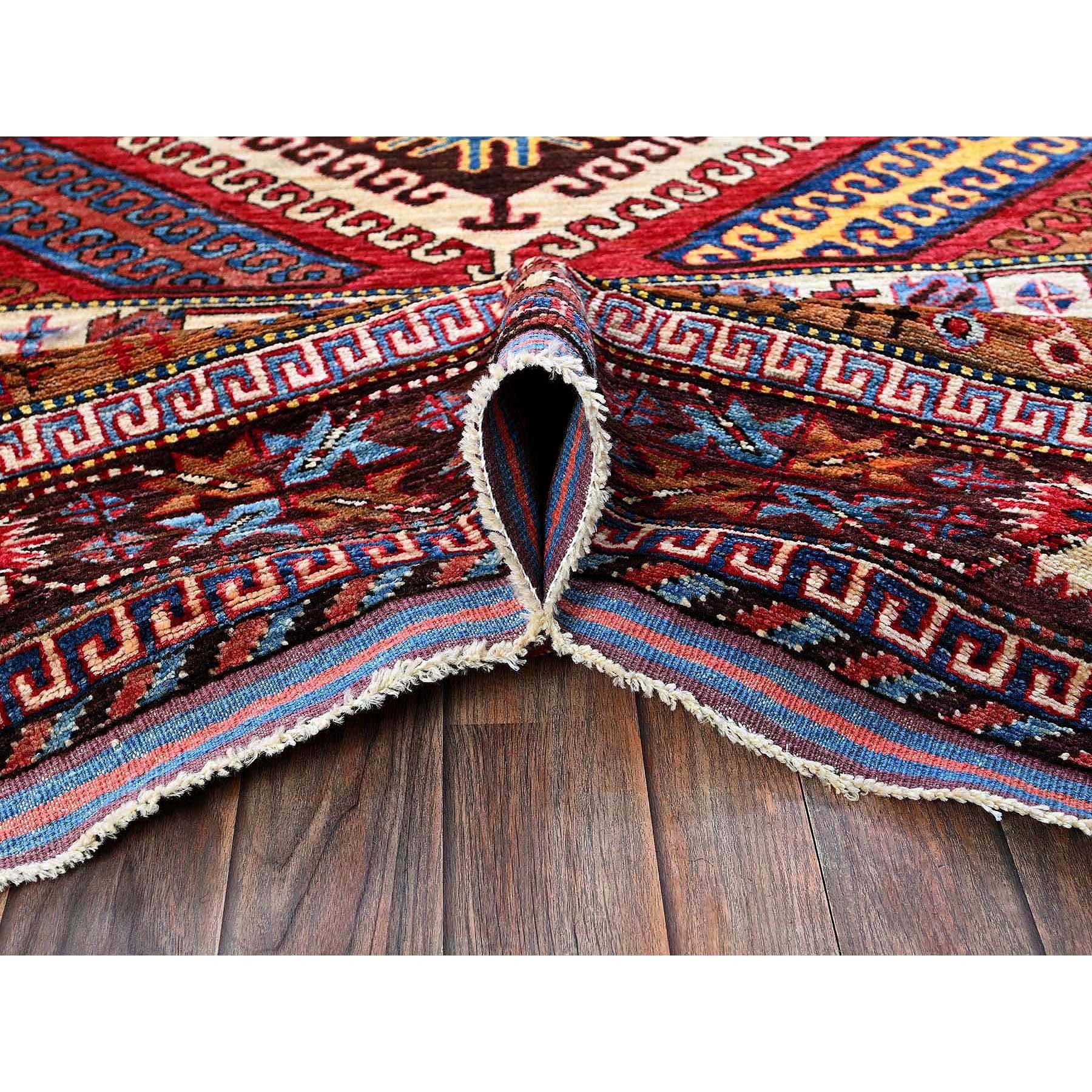6'2"x7'7" Colorful, Afghan Ersari with Turkish Knot, Caucasian Design Revival, Ancient Bird Figurines, Hand Knotted, Soft Wool, Vegetable Dyes, Densely Woven, Oriental Rug Sh582