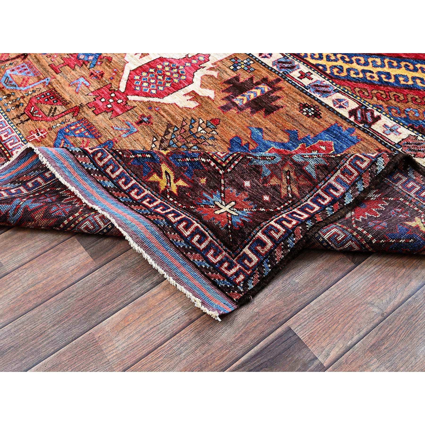6'2"x7'7" Colorful, Afghan Ersari with Turkish Knot, Caucasian Design Revival, Ancient Bird Figurines, Hand Knotted, Soft Wool, Vegetable Dyes, Densely Woven, Oriental Rug Sh582