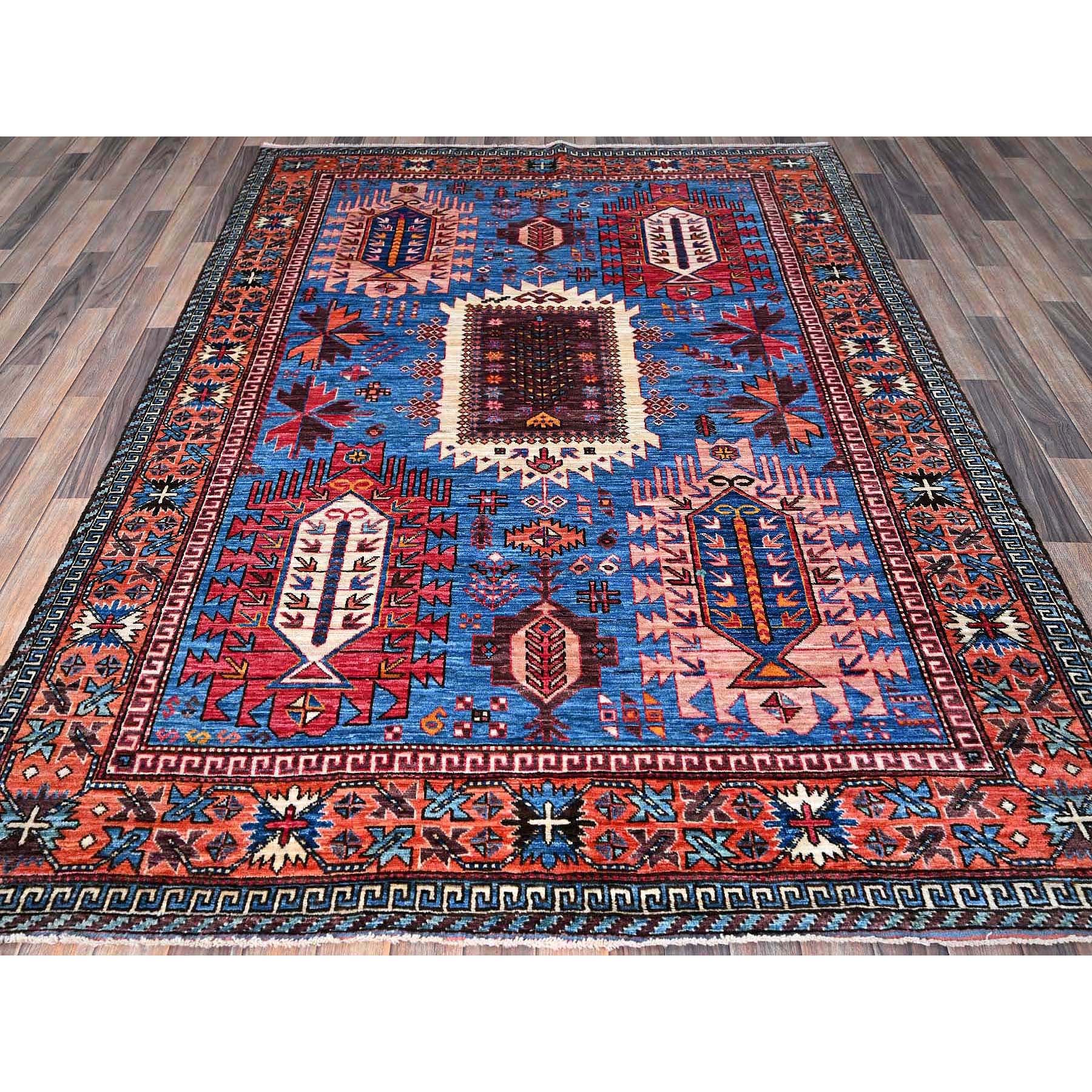 6'x7'8" Bayern Blue, Afghan Ersari with Turkish Knot, Caucasian Design Revival, Vegetable Dyes, Densely Woven, Hand Knotted, Soft Wool, Oriental Rug Sh583