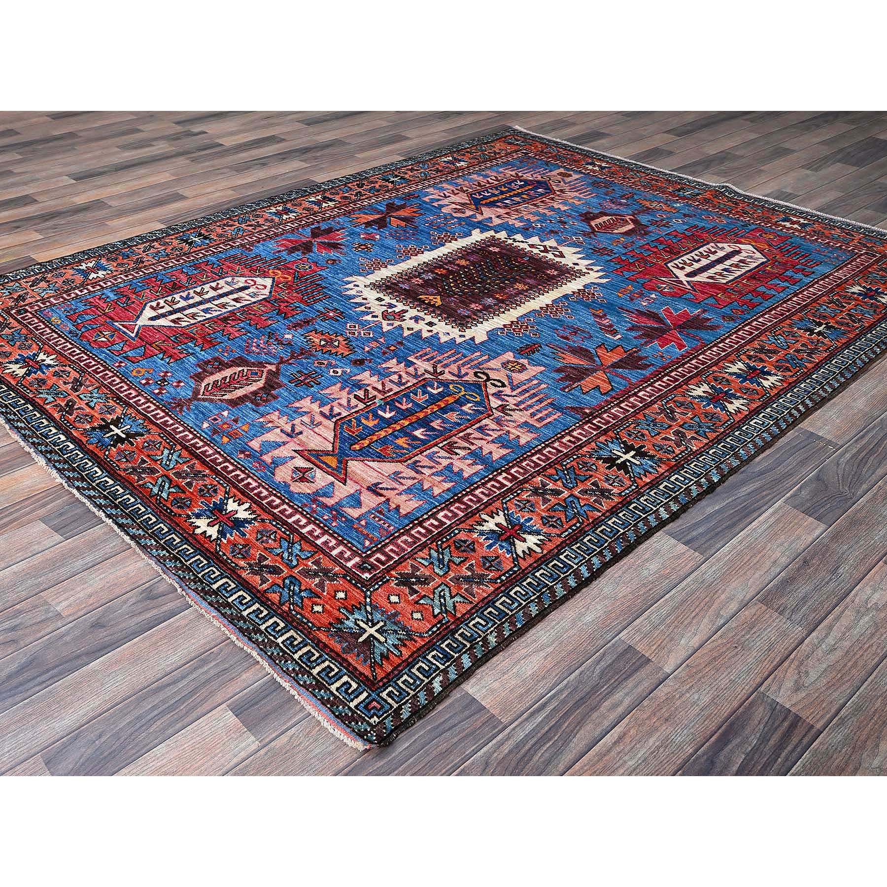 6'x7'8" Bayern Blue, Afghan Ersari with Turkish Knot, Caucasian Design Revival, Vegetable Dyes, Densely Woven, Hand Knotted, Soft Wool, Oriental Rug Sh583