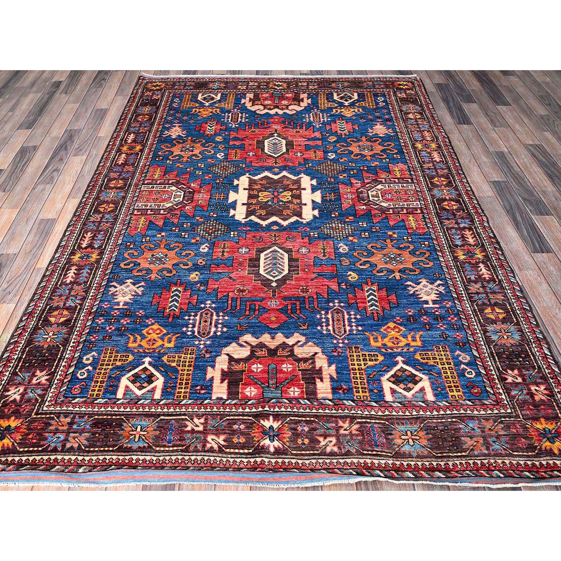 6'x7'10" Imperial Blue, Afghan Ersari with Turkish Knot, Caucasian Design Revival, Vegetable Dyes, Densely Woven, Hand Knotted, Soft and Velvety Wool, Oriental Rug Sh584