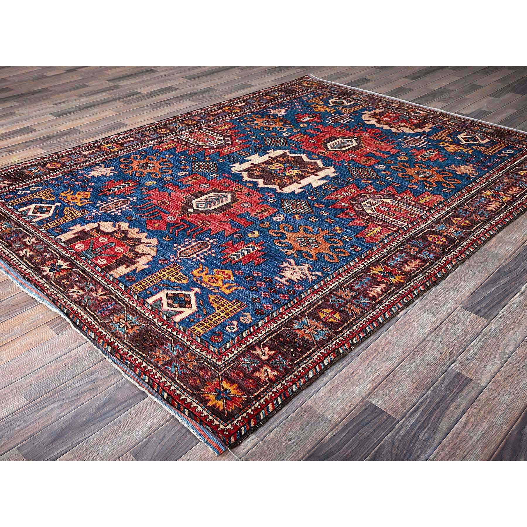 6'x7'10" Imperial Blue, Afghan Ersari with Turkish Knot, Caucasian Design Revival, Vegetable Dyes, Densely Woven, Hand Knotted, Soft and Velvety Wool, Oriental Rug Sh584