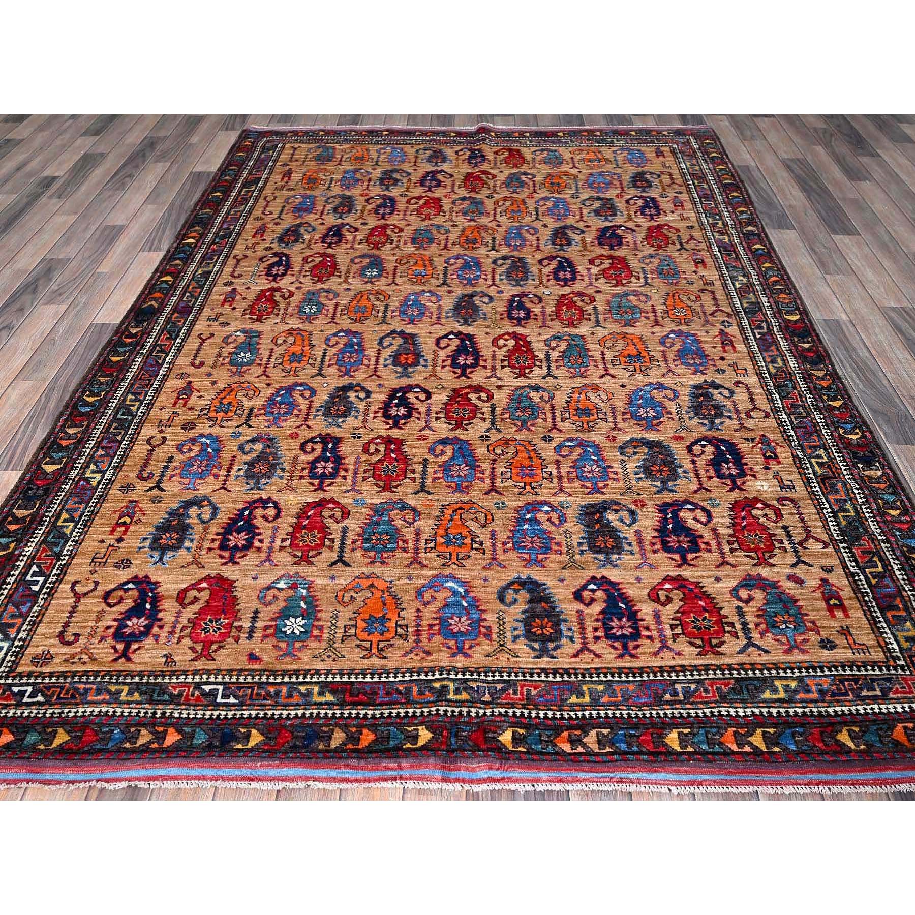6'3"x8'4" Porcini Brown, Afghan Ersari with Turkish Knot, Caucasian Design Revival, Small Human Figurines, Densely Woven, Vegetable Dyes, Hand Knotted, Soft Wool, Oriental Rug Sh586