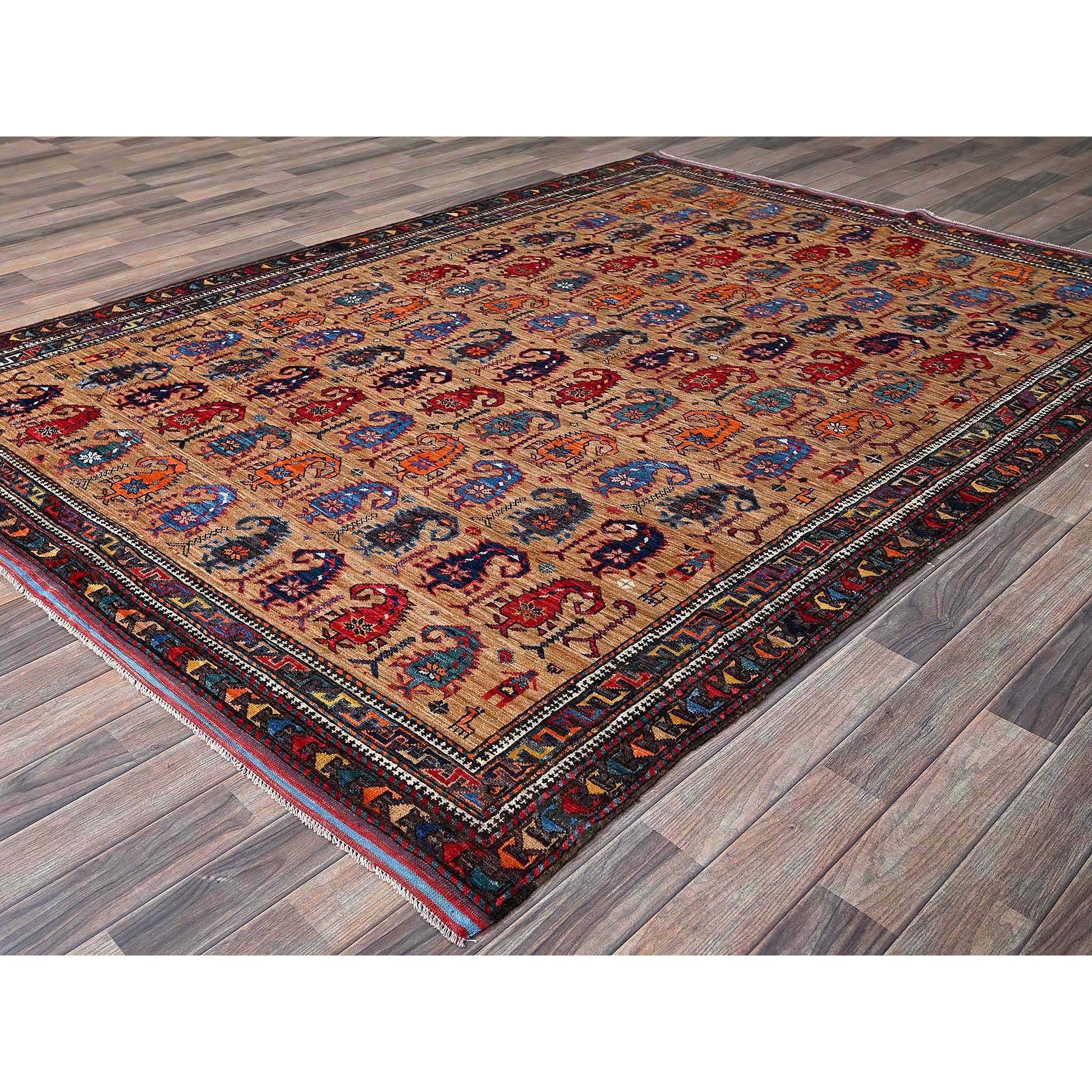 6'3"x8'4" Porcini Brown, Afghan Ersari with Turkish Knot, Caucasian Design Revival, Small Human Figurines, Densely Woven, Vegetable Dyes, Hand Knotted, Soft Wool, Oriental Rug Sh586