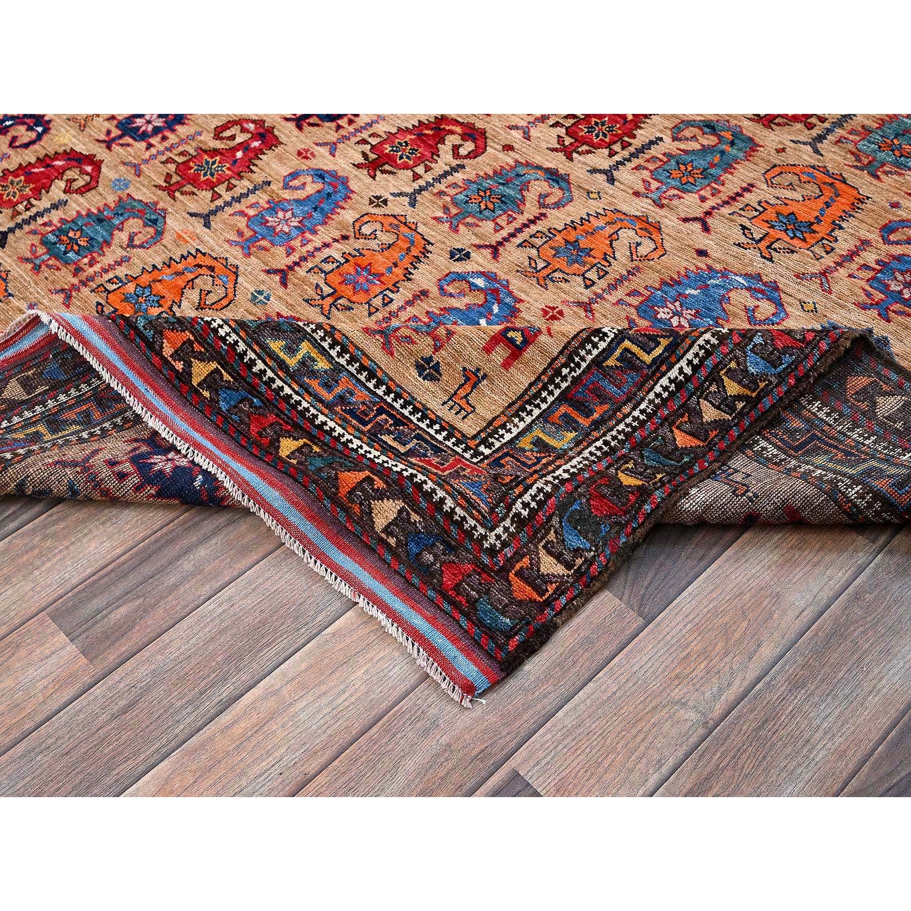 6'3"x8'4" Porcini Brown, Afghan Ersari with Turkish Knot, Caucasian Design Revival, Small Human Figurines, Densely Woven, Vegetable Dyes, Hand Knotted, Soft Wool, Oriental Rug Sh586