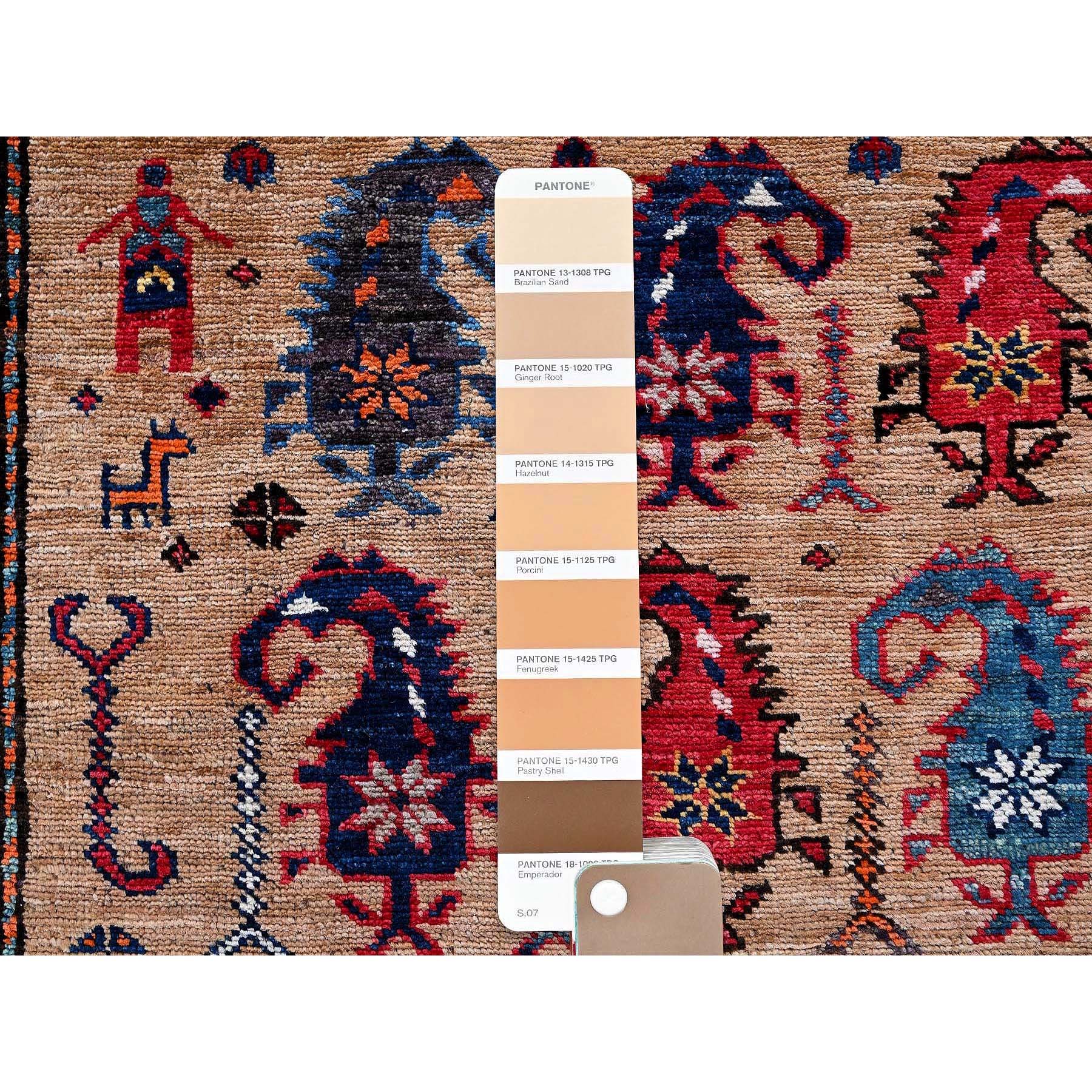 6'3"x8'4" Porcini Brown, Afghan Ersari with Turkish Knot, Caucasian Design Revival, Small Human Figurines, Densely Woven, Vegetable Dyes, Hand Knotted, Soft Wool, Oriental Rug Sh586