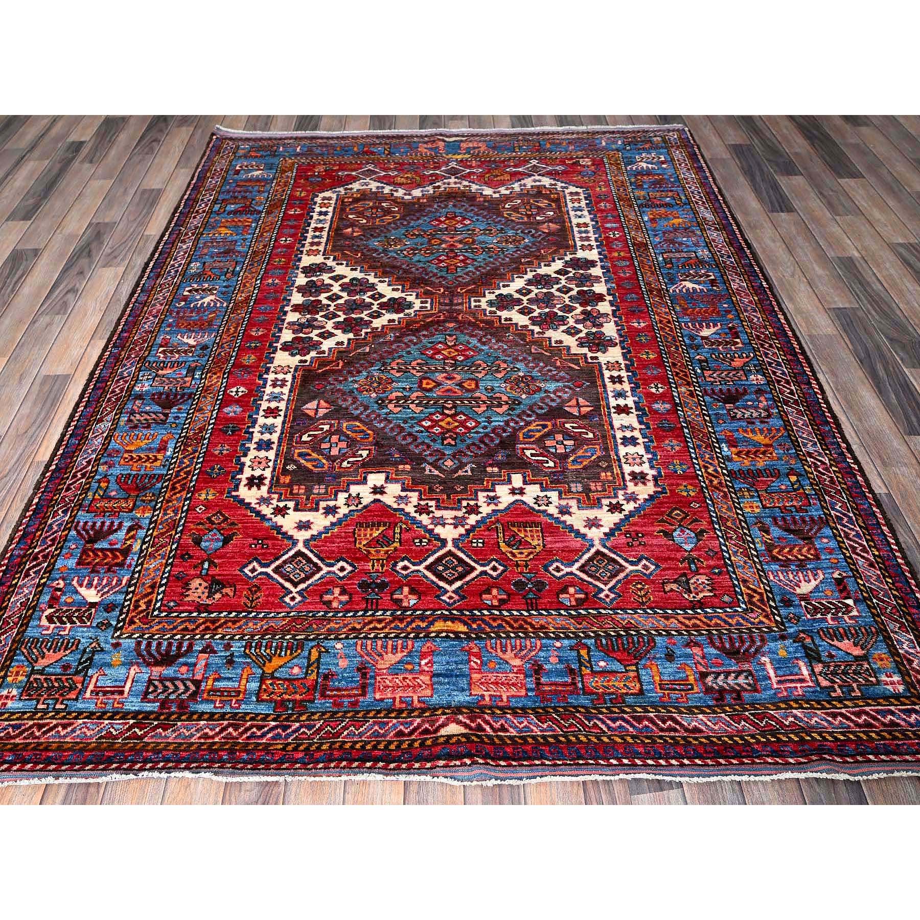 6'x7'8" Pearl White, Afghan Ersari with Turkish Knot, Caucasian Design Revival, Ancient Bird Figurines, Vegetable Dyes, Densely Woven, Soft Wool, Hand Knotted, Oriental Rug Sh587