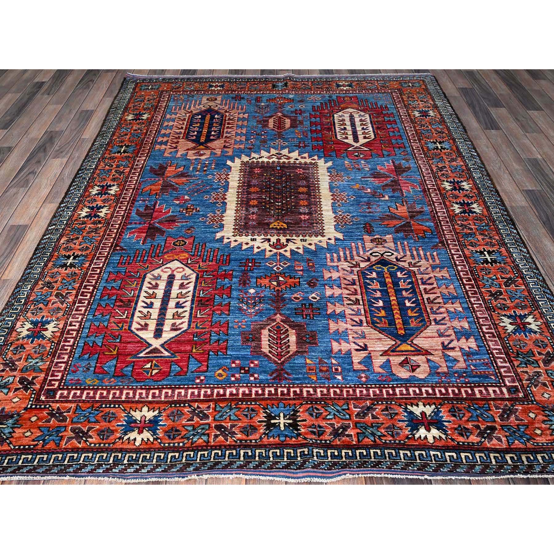 6'x7'8" Carolina Blue, Afghan Ersari with Turkish Knot, Caucasian Design Revival, Vegetable Dyes, Densely Woven, Hand Knotted, Soft Wool, Oriental Rug Sh588