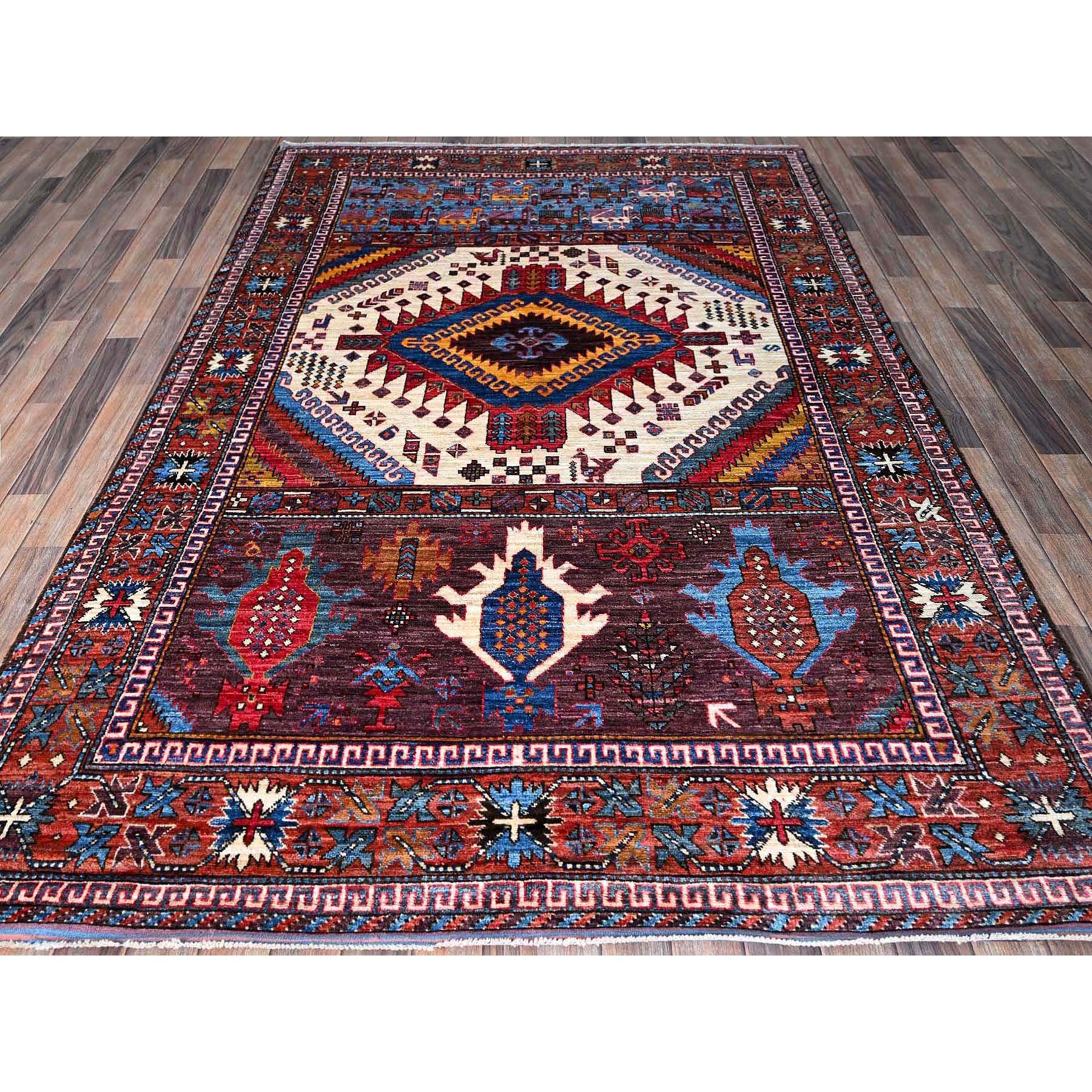 6'x8'6" Alabaster White, Afghan Ersari with Turkish Knot, Caucasian Design Revival, Ancient Bird Figurines, Vegetable Dyes, Densely Woven, Hand Knotted, Soft Wool, Oriental Rug Sh589
