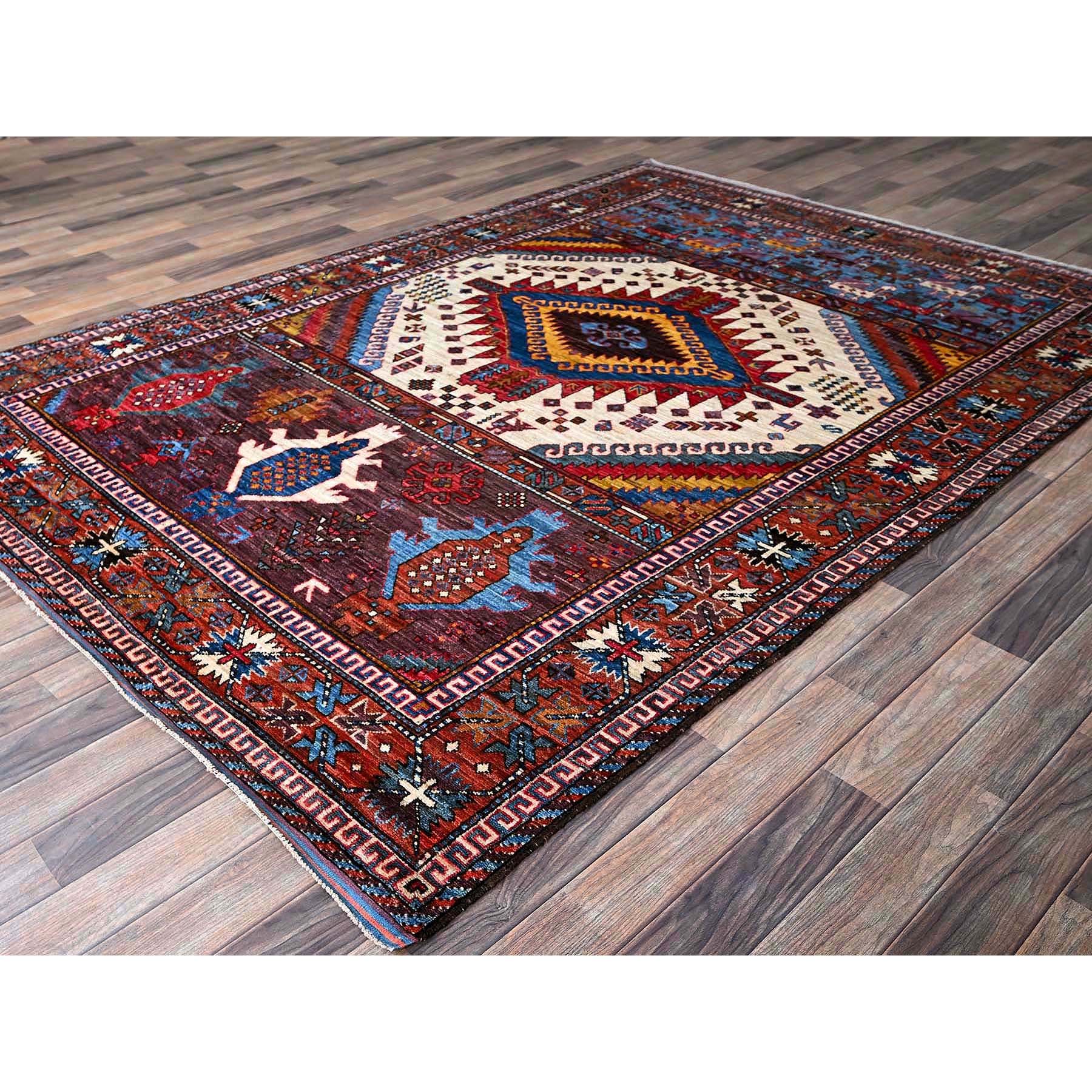 6'x8'6" Alabaster White, Afghan Ersari with Turkish Knot, Caucasian Design Revival, Ancient Bird Figurines, Vegetable Dyes, Densely Woven, Hand Knotted, Soft Wool, Oriental Rug Sh589