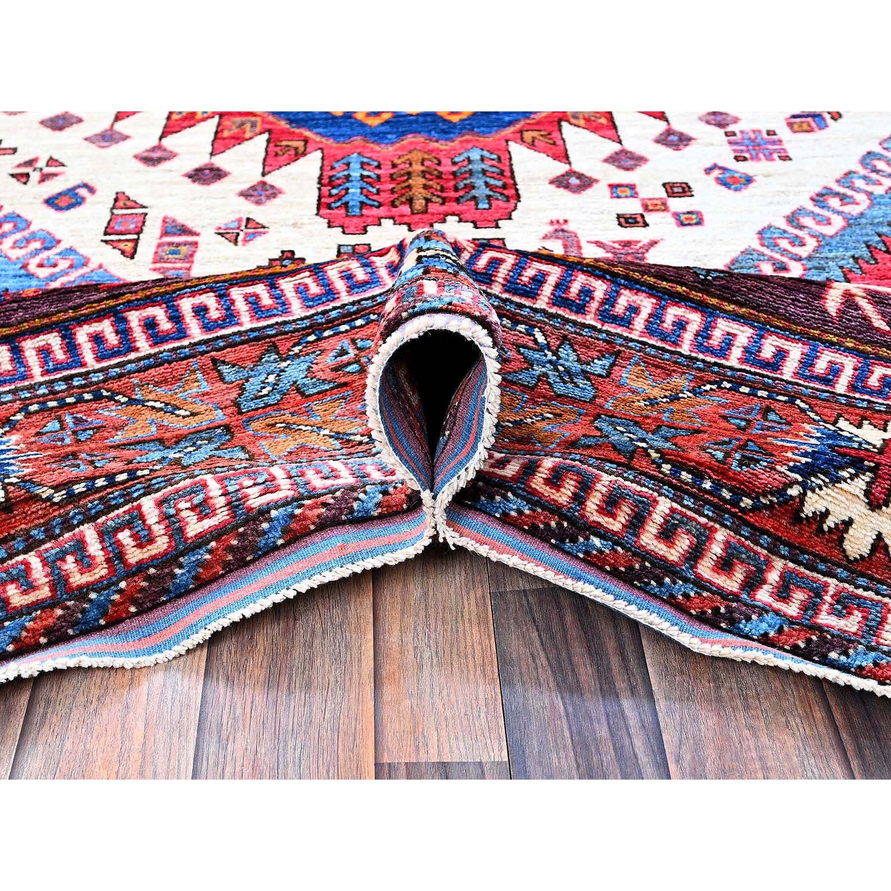 6'x8'6" Alabaster White, Afghan Ersari with Turkish Knot, Caucasian Design Revival, Ancient Bird Figurines, Vegetable Dyes, Densely Woven, Hand Knotted, Soft Wool, Oriental Rug Sh589