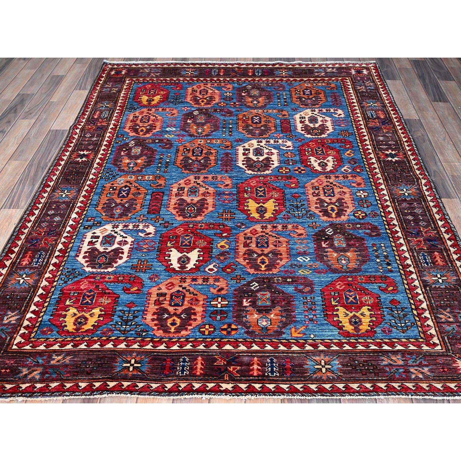 5'4"x6'8" Bayern Blue, Afghan Ersari with Turkish Knot, Caucasian Design Revival, Hand Knotted, Soft Wool, Vegetable Dyes, Densely Woven, Oriental Rug Sh591