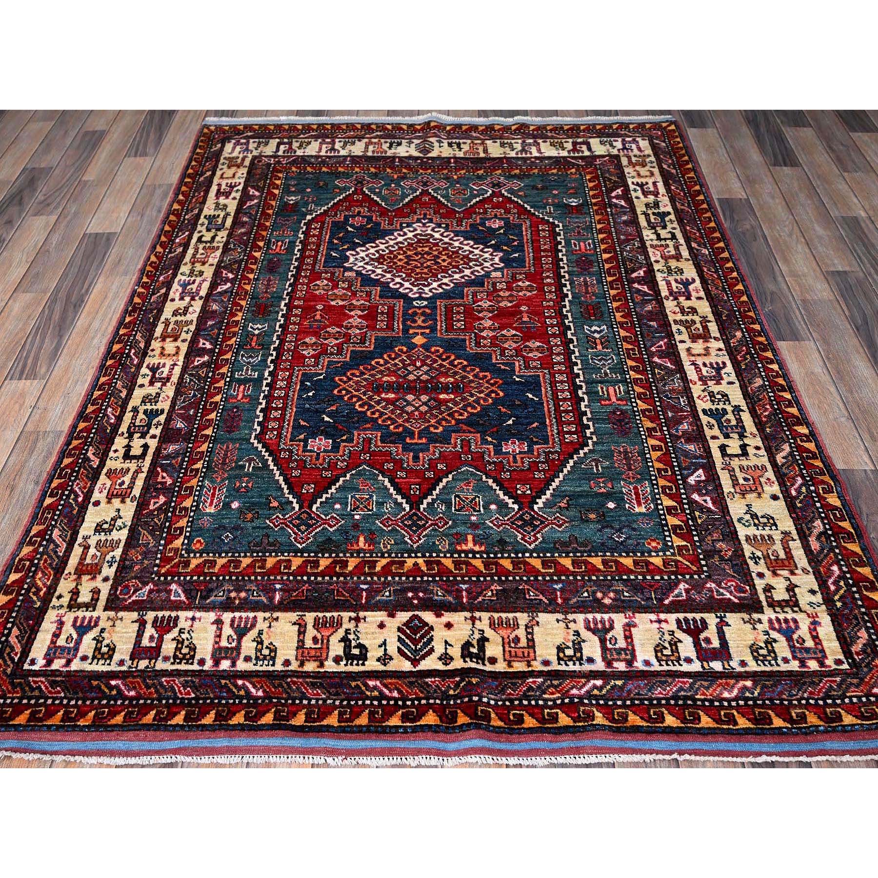 5'x6'4" Crimson Red, Afghan Ersari with Turkish Knot, Caucasian Design Revival, Ancient Bird Figurines, Soft and Velvety Wool, Vegetable Dyes, Densely Woven, Hand Knotted, Oriental Rug Sh593