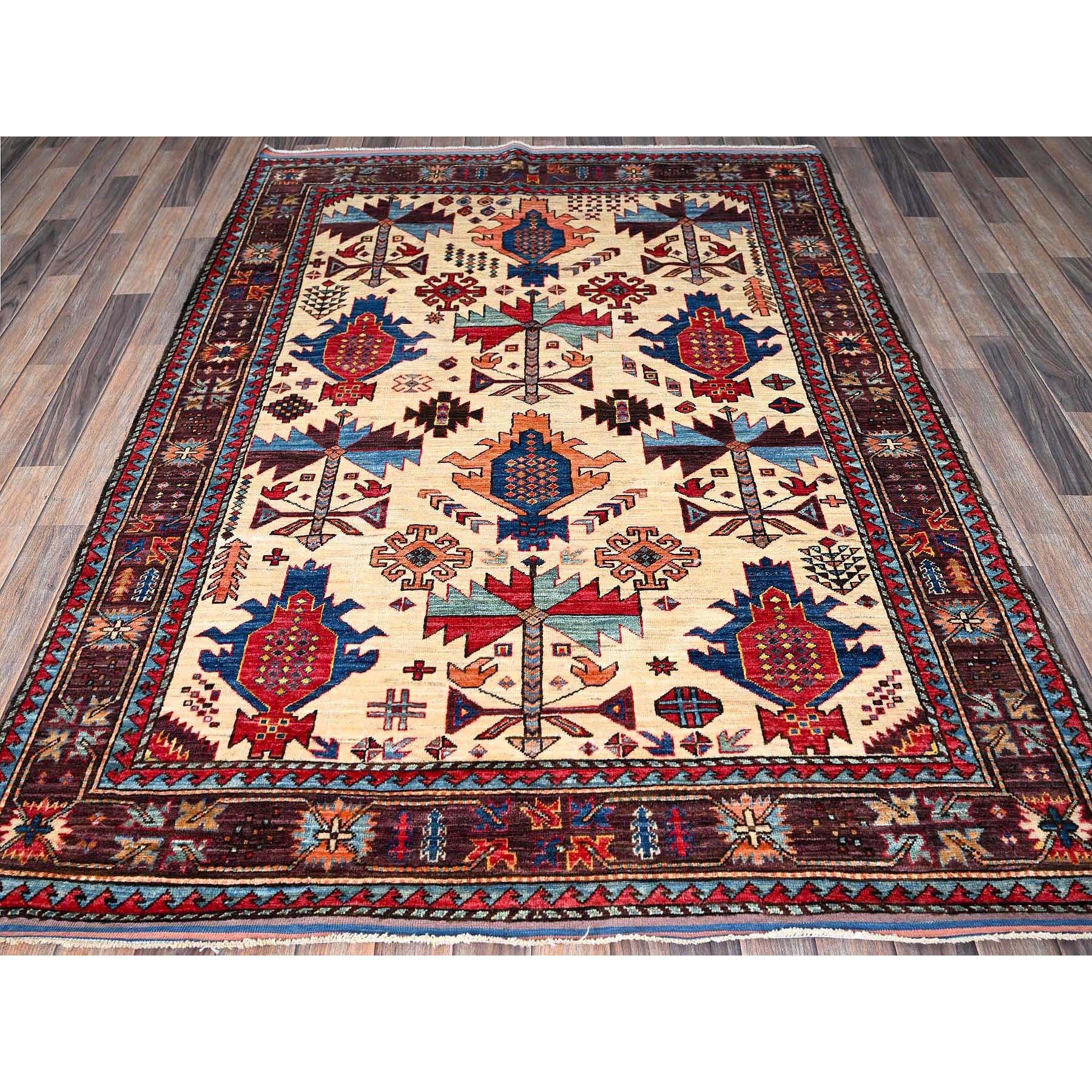 5'2"x6'8" Parchment White, Afghan Ersari with Turkish Knot, Caucasian Design Revival, Vegetable Dyes, Densely Woven, Hand Knotted, Soft and Shiny Wool, Oriental Rug Sh594