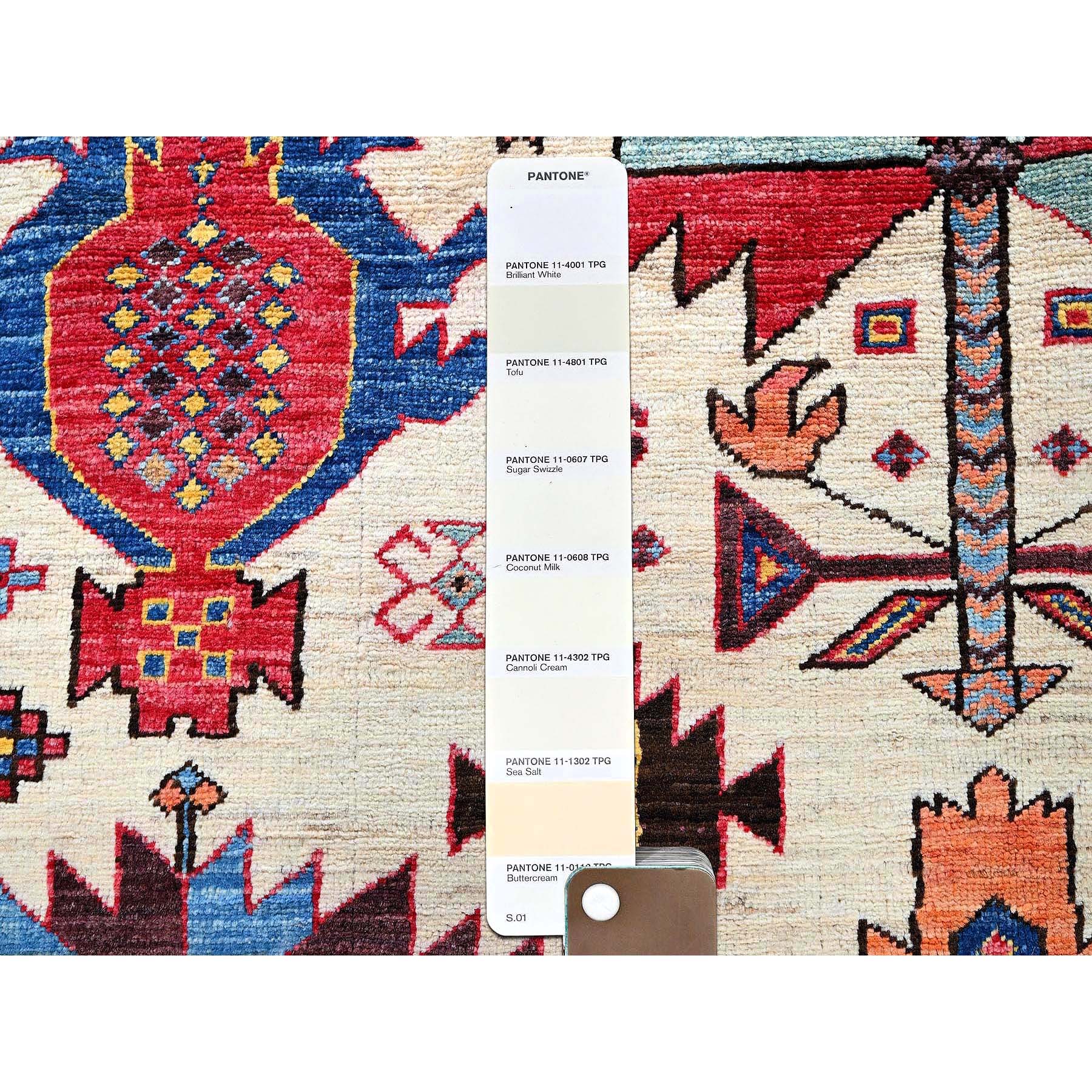 5'2"x6'8" Parchment White, Afghan Ersari with Turkish Knot, Caucasian Design Revival, Vegetable Dyes, Densely Woven, Hand Knotted, Soft and Shiny Wool, Oriental Rug Sh594