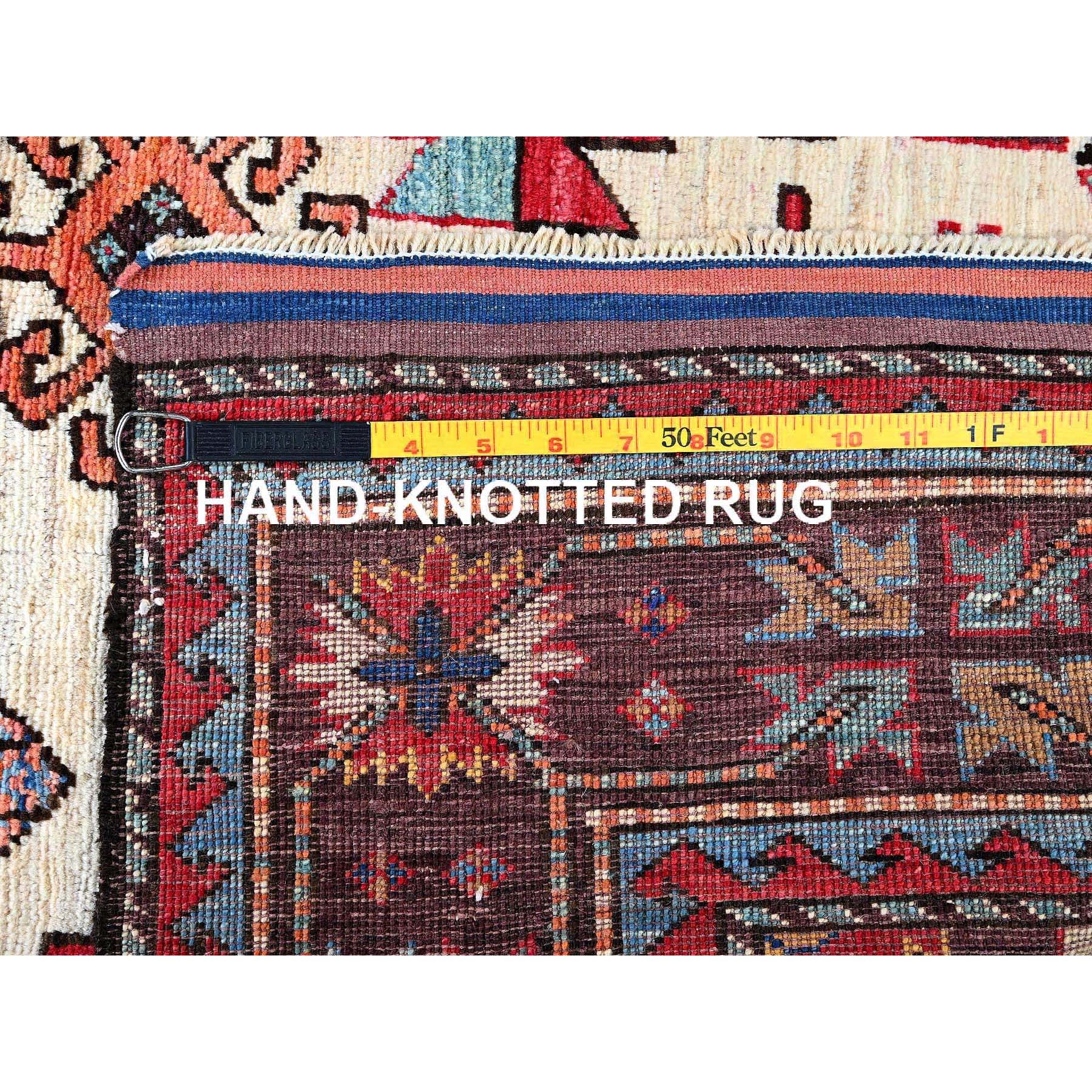 5'2"x6'8" Parchment White, Afghan Ersari with Turkish Knot, Caucasian Design Revival, Vegetable Dyes, Densely Woven, Hand Knotted, Soft and Shiny Wool, Oriental Rug Sh594